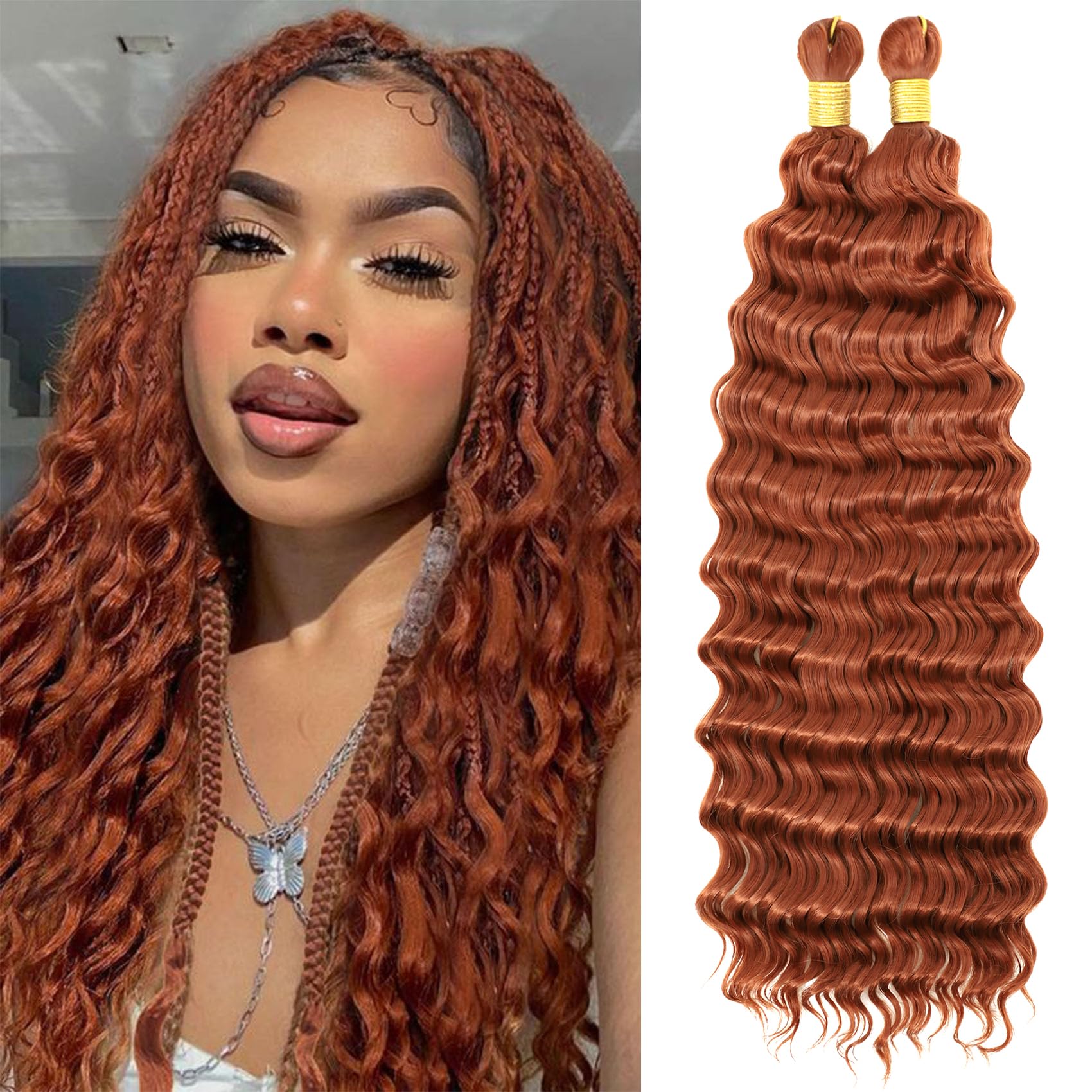 Eerya Long Curly Braiding Hair 18 Inch 2 Packs Auburn Ocean Wave Crochet Hair for Black Women Cooper Deep Wave Braiding Hair for Boho Braids (18 inch,