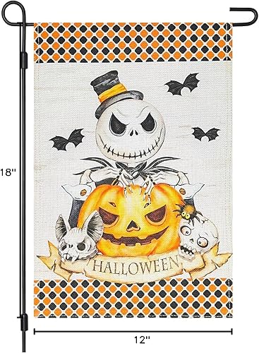 Miniatura 8 de Bandera decorativa de arpillera de Halloween para jardín, 12 x 18 pulgadas, de doble cara de pesadilla antes de Navidad, calabaza, King, feliz