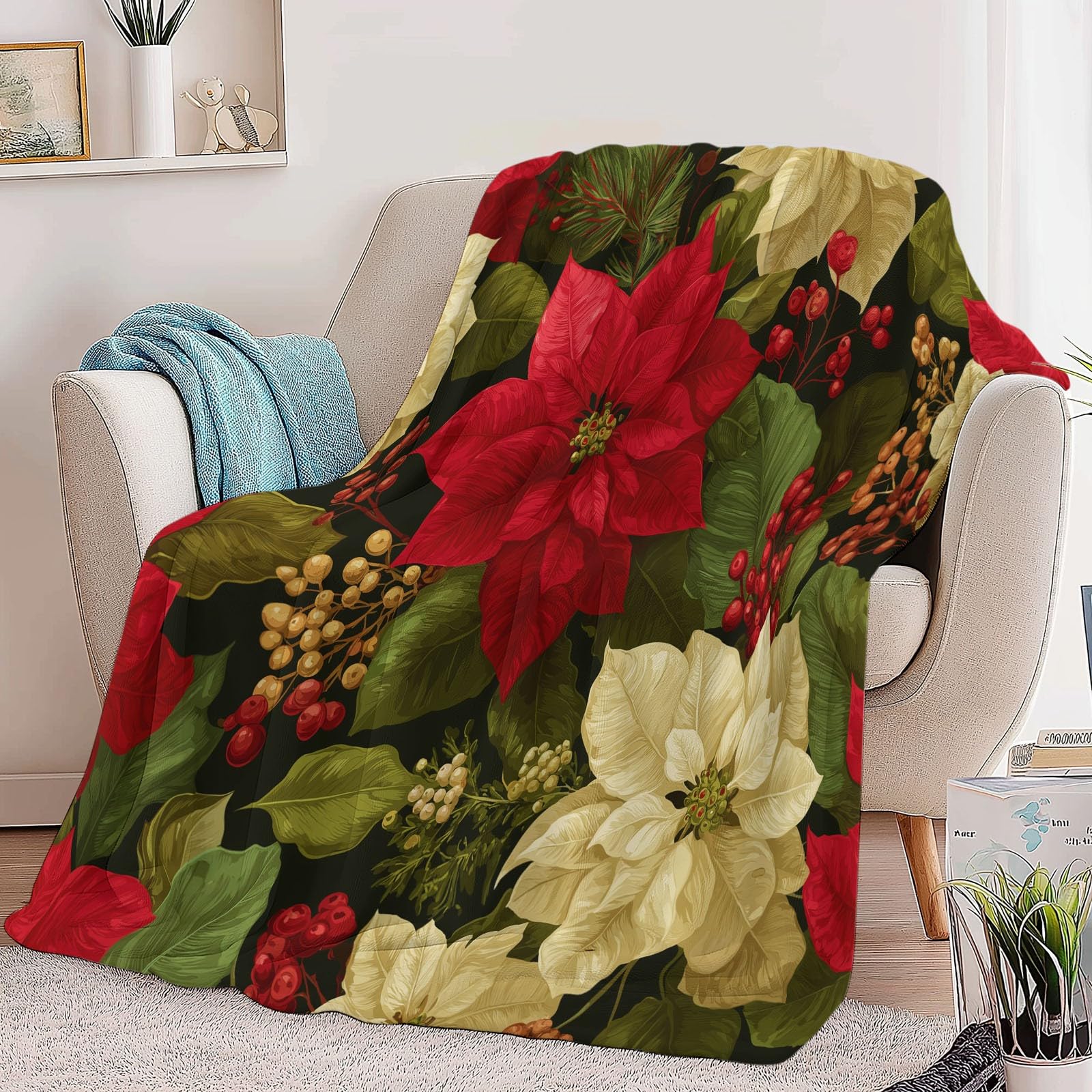 Estilo Retro Manta Estampada de Franela 180 x 220 cm, cálida y Suave Planta Flores Navideñas Manta Decorativa para Invierno Cama sofá y Sala de Estar