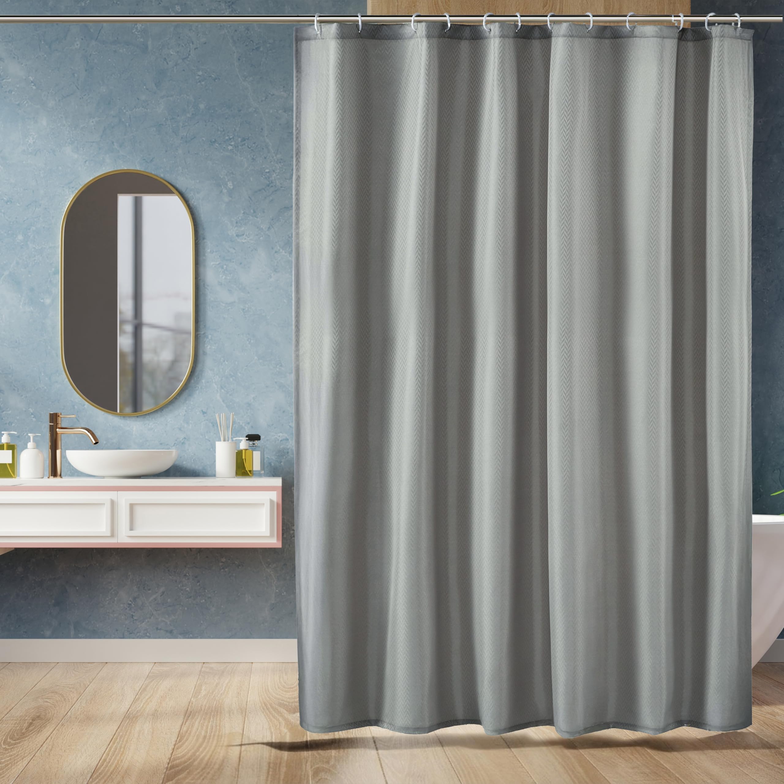 Amazon Basics Shower Curtain 7 Feet | Waterproof Bathroom Curtain | PVC-Free, No Plastic Smell | Machine Washable Fabric | Grey | 6ft Wide | 12 Hooks -180 CM X 210 CM