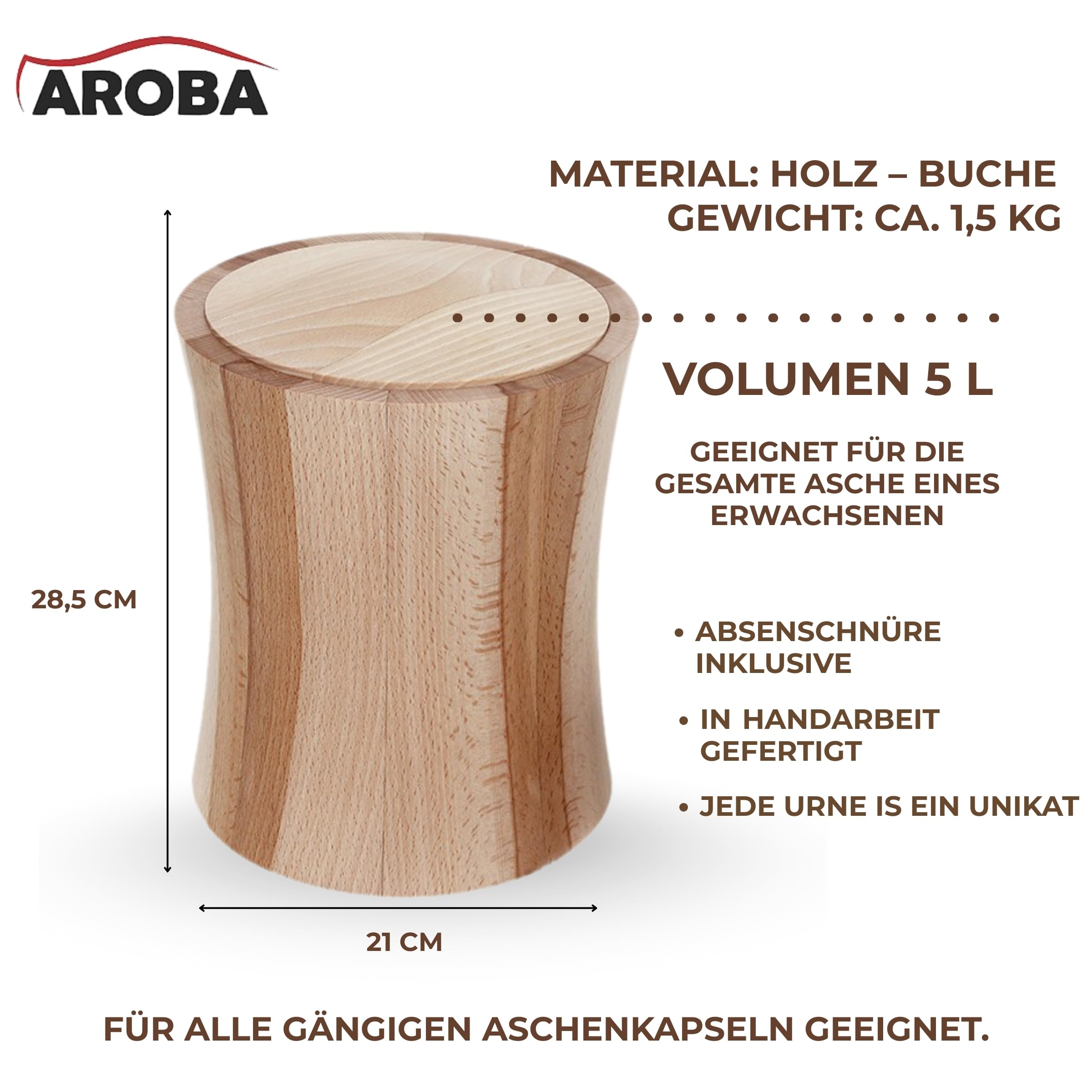 AROBA Handgefertigte Urne aus Buchenholz in Zylinderform – 5 L Volumen für Menschliche Asche – Natururne für Aschekapsel – geölt, schadstofffrei, schlicht, nachhaltig & stabil