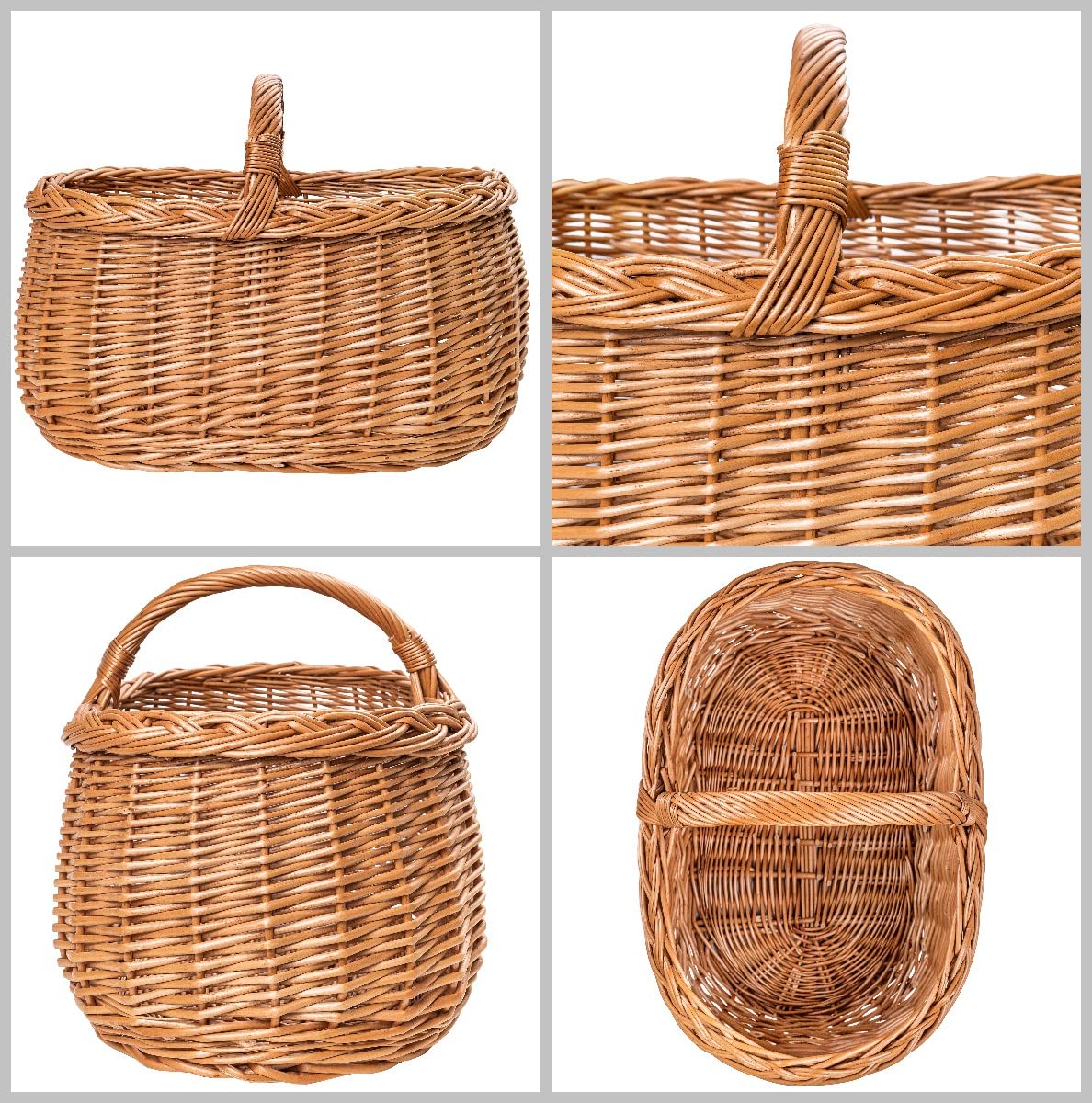 Creative Home Cestino in Vimini con Manico e Treccia | Cestino per Auto, Cesto Funghi Picnic | 45 x 32 x 34 cm (+/- 1 cm) | Intrecciato a Mano, Durevole | Salice Naturale Marrone Spesso | Multiuso