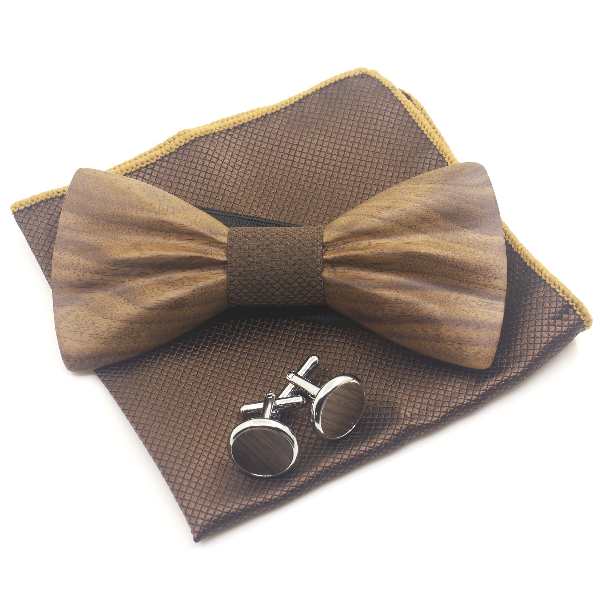 Ensemble Nœud papillon Bois pour Homme Mariage Fête Noeud Papillon,Boutons de Manchette,Mouchoir