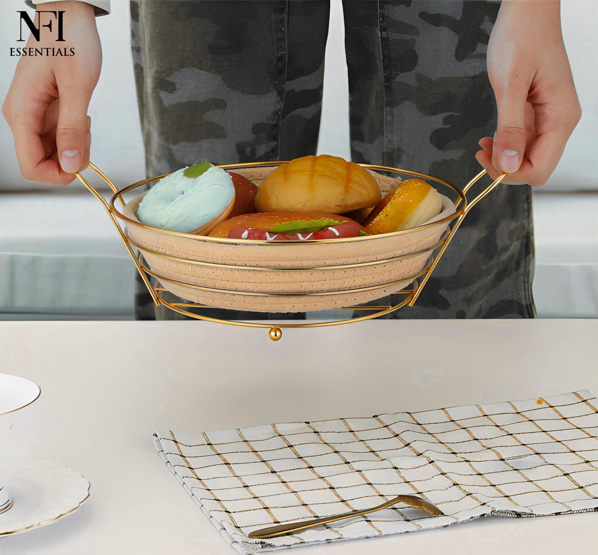 NFI essentials Handcrafted Decorative Fruit Basket with Golden Metal Frame & Woven Jute Base, Serving Bread Basket Elegant Storage Organizer for Home, Kitchen, Dining Table, Decor 4