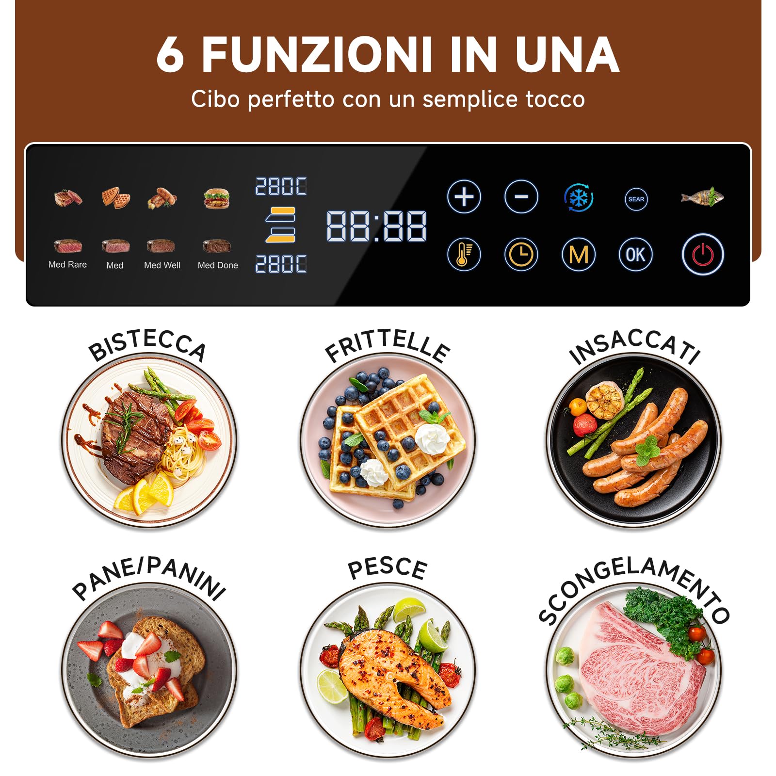 AMAZHEF Griglia Elettrica Multifunzione 6 in 1 con Sensore di Temperatura, Funzione Sear 280°C, Doppio Termostato Indipendente, Piastre Lavabili in Lavastoviglie, Waffeliera, Barbecue, Panini