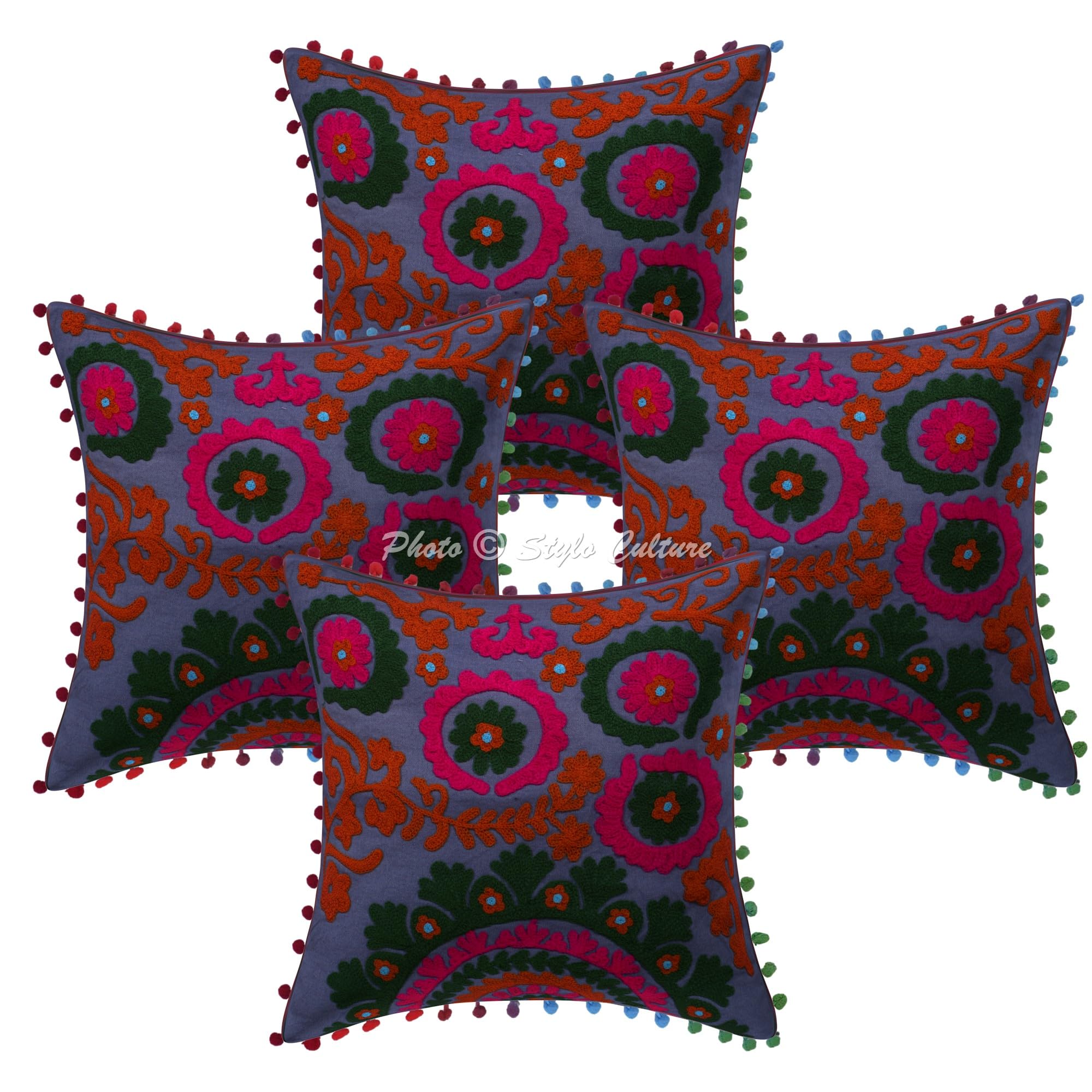 Indische Dekorativ Baumwolle Sofa Kissenbezüge 40x40 cm Grau Dekokissen Suzani Bestickte Pom-Pom-Spitze Wohnzimmer Couch Kissenhullen Blumen Quadrat Reißverschluss Kissen Bezüge - 4 Stk.