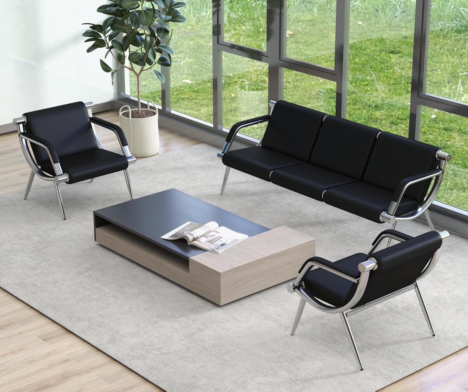 Kinsuite 5-seat Waiting Room Chairs - 3pcs Office Reception Chairs for Salon Barber Bench Airport Bank Hall PU Leather, Black