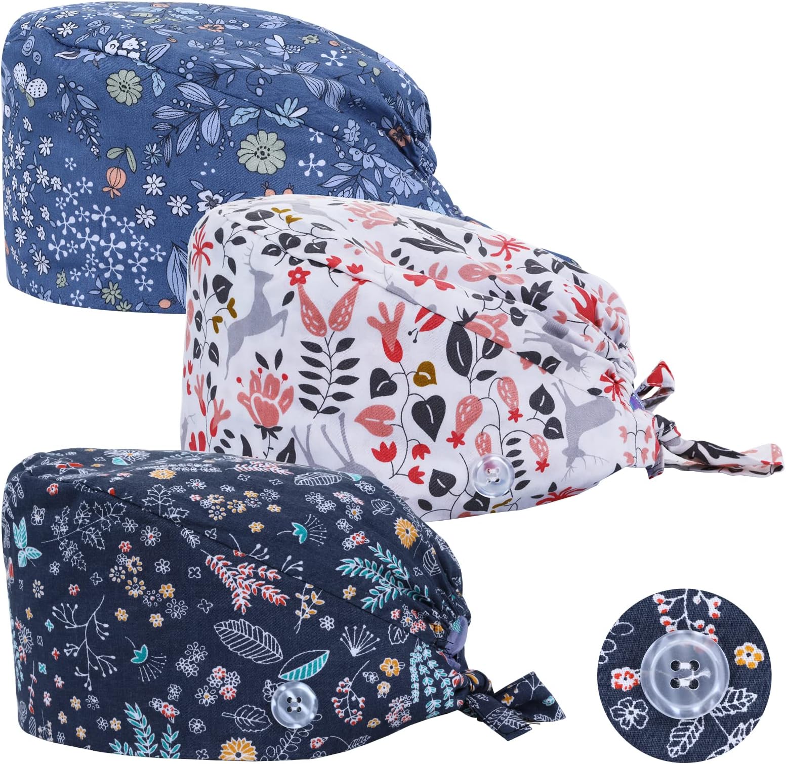 Yolev 3 Pack Scrub Cap Printed Bouffant Cap Working Cap Beanie Hat Adjustable Sweat Absorption Cap with Sweatband for Women