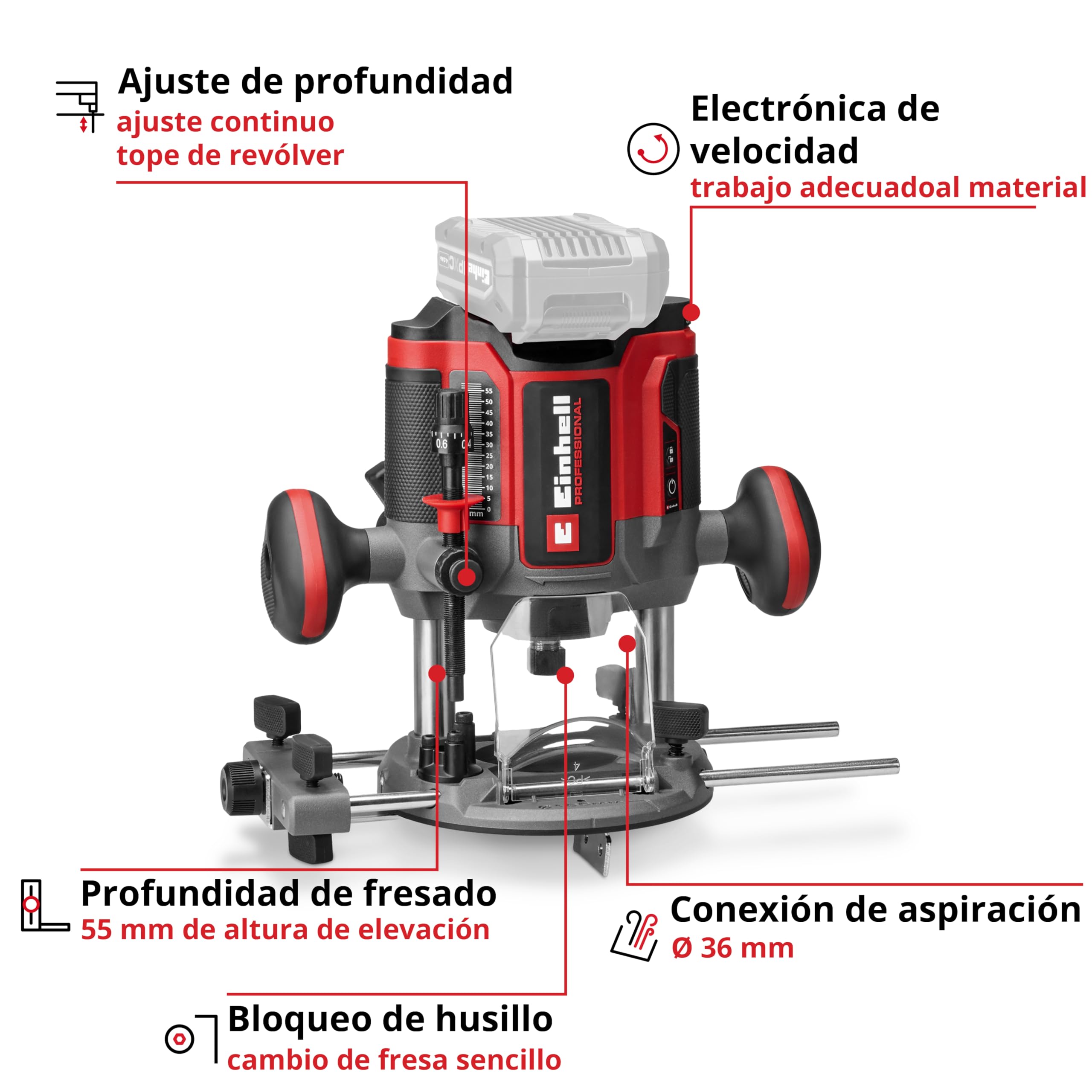 Einhell Professional fresadora superior con batería TP-RO 18/55 Li BL-Solo Power X-Change (18 V, altura de carrera 55 mm, motor Brushless, incl. tope paralelo, herramienta, sin batería ni cargador)