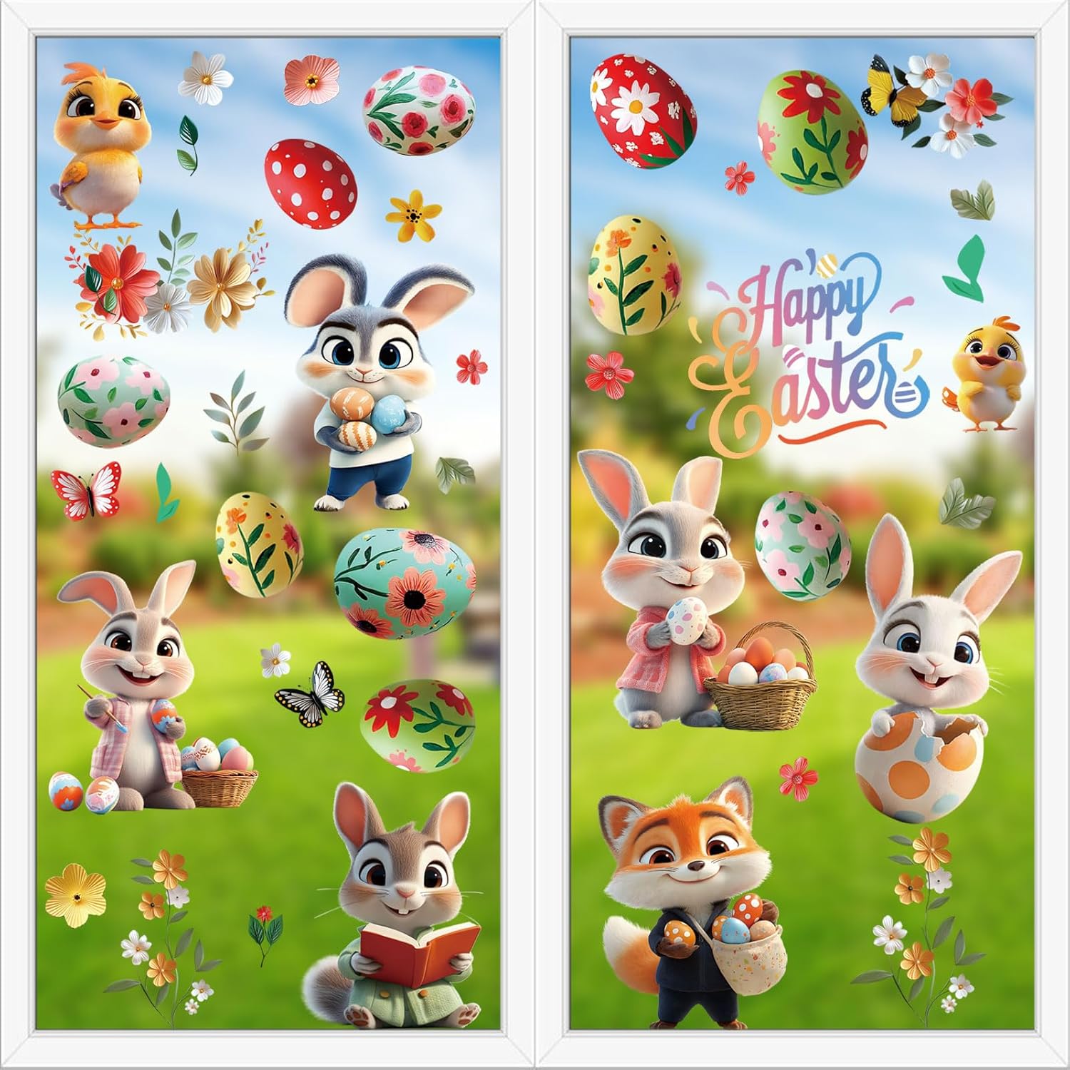AhfuLife Easter Window Cling, 9 Sheets Larger 3D Bunny Rabbit Chick Window Stickers, Happy Easter Eggs Spring Window Decals for Home, Office, School Party Decoration Supplies