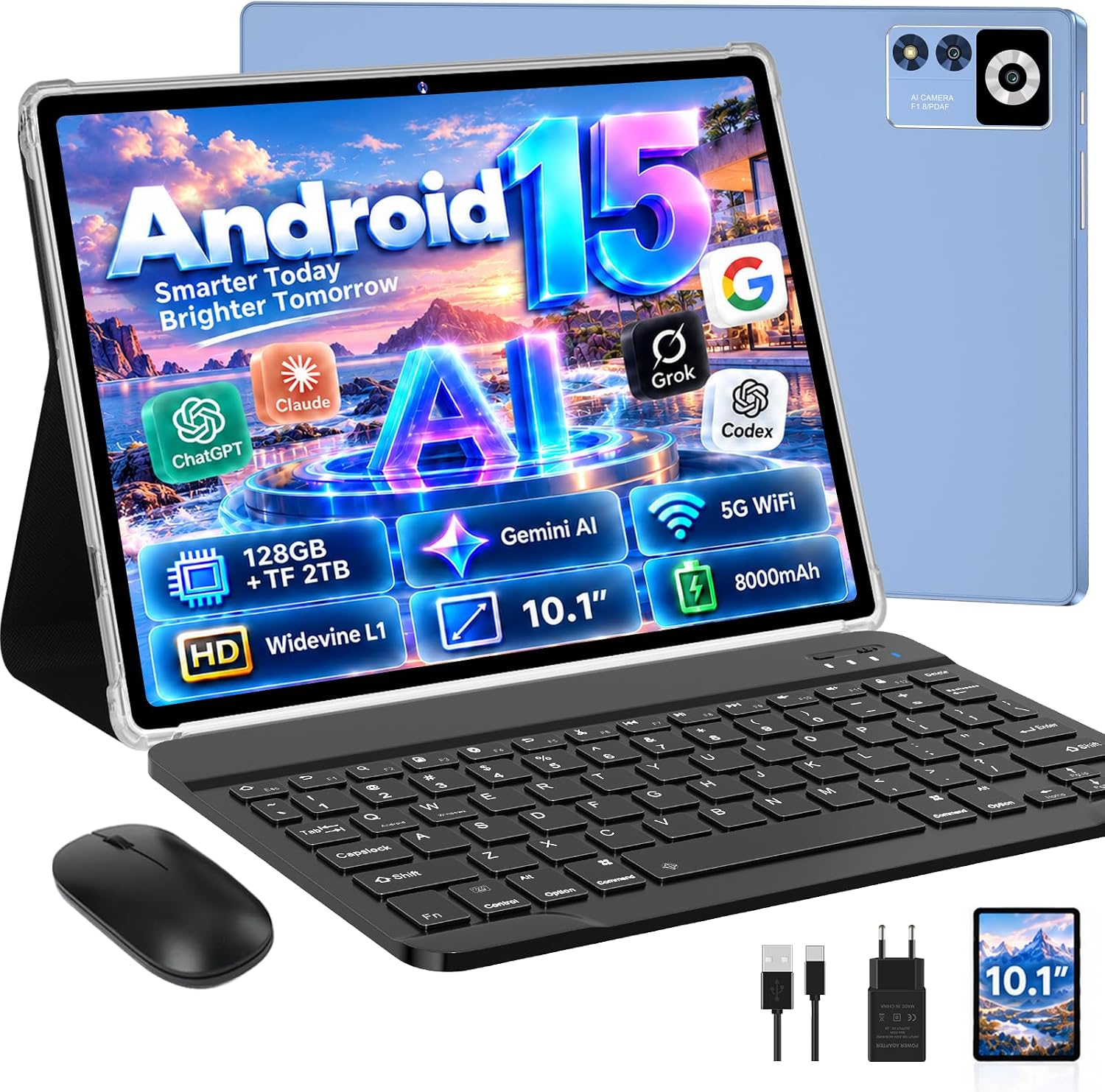 (-31%) Gemini AI Tablet mit Tastatur und Maus, Android 15 Tablet 10.1 Zoll,Blau