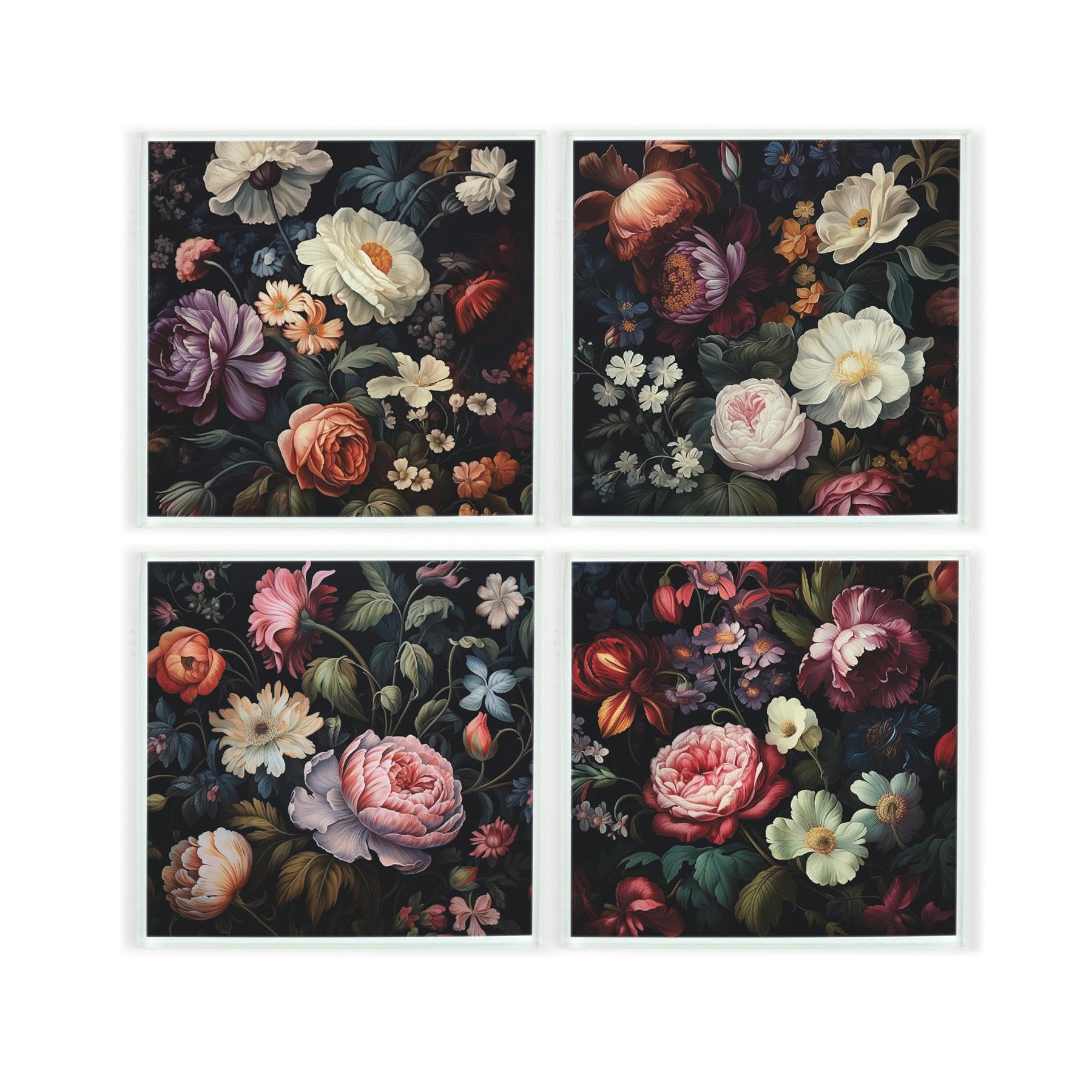 Dark Floral Glass Coaster Set - Gothic Homeware Gifts - Set of Four (4) Square Drinks Coasters
