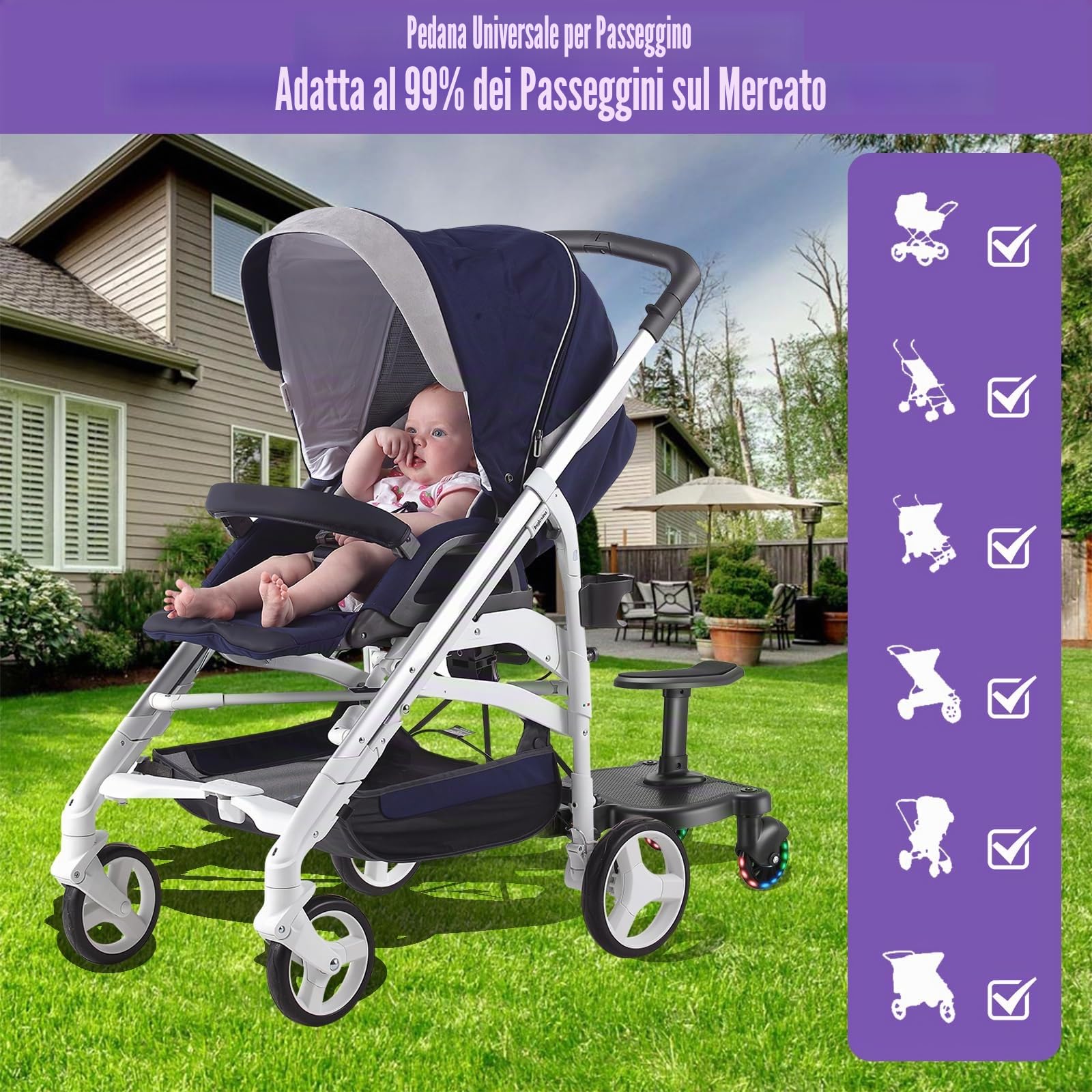 Passeggino universale a piedi con sedile, ruote per bambini con borsa passeggino, per bambini dai 2 ai 6 anni (25 kg)
