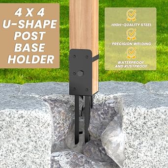 4x4 Heavy Duty U-Shaped Wet Concrete Fence Post Holder Actual 3.6x3.6 Post Bracket Anchor for Fence Post Base, Fence, Deck Railing, Pergola, Pack of 2 | 厚さ0.12インチのフェンスポストベース|フェンス用ポストブラケットアンカー|デッキ手すり|パーゴラ