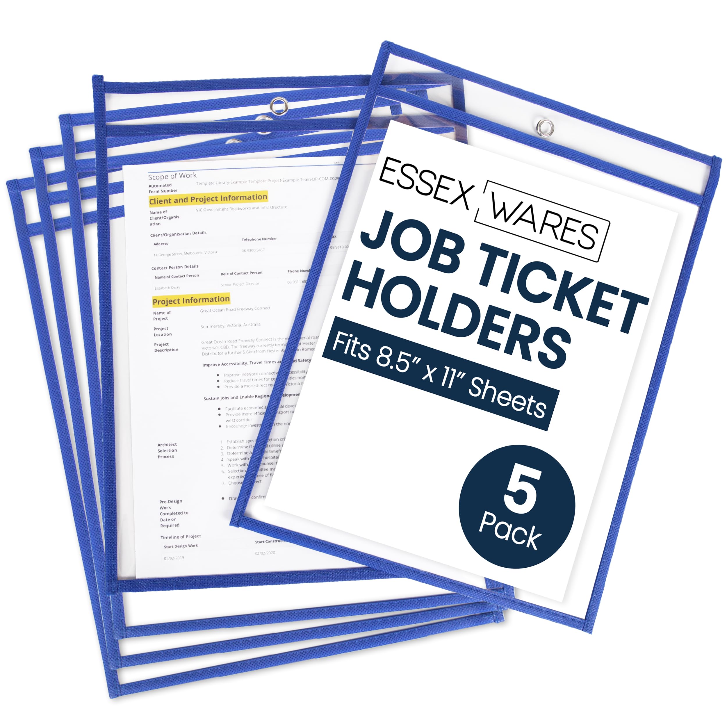 Essex Wares - 5 Pack, Blue, Job Ticket Holders, 10" Wide x 13.5" Tall - Clear Plastic Shop Ticket Holders - Easy to Use, Reusable & Easy Erase Plastic
