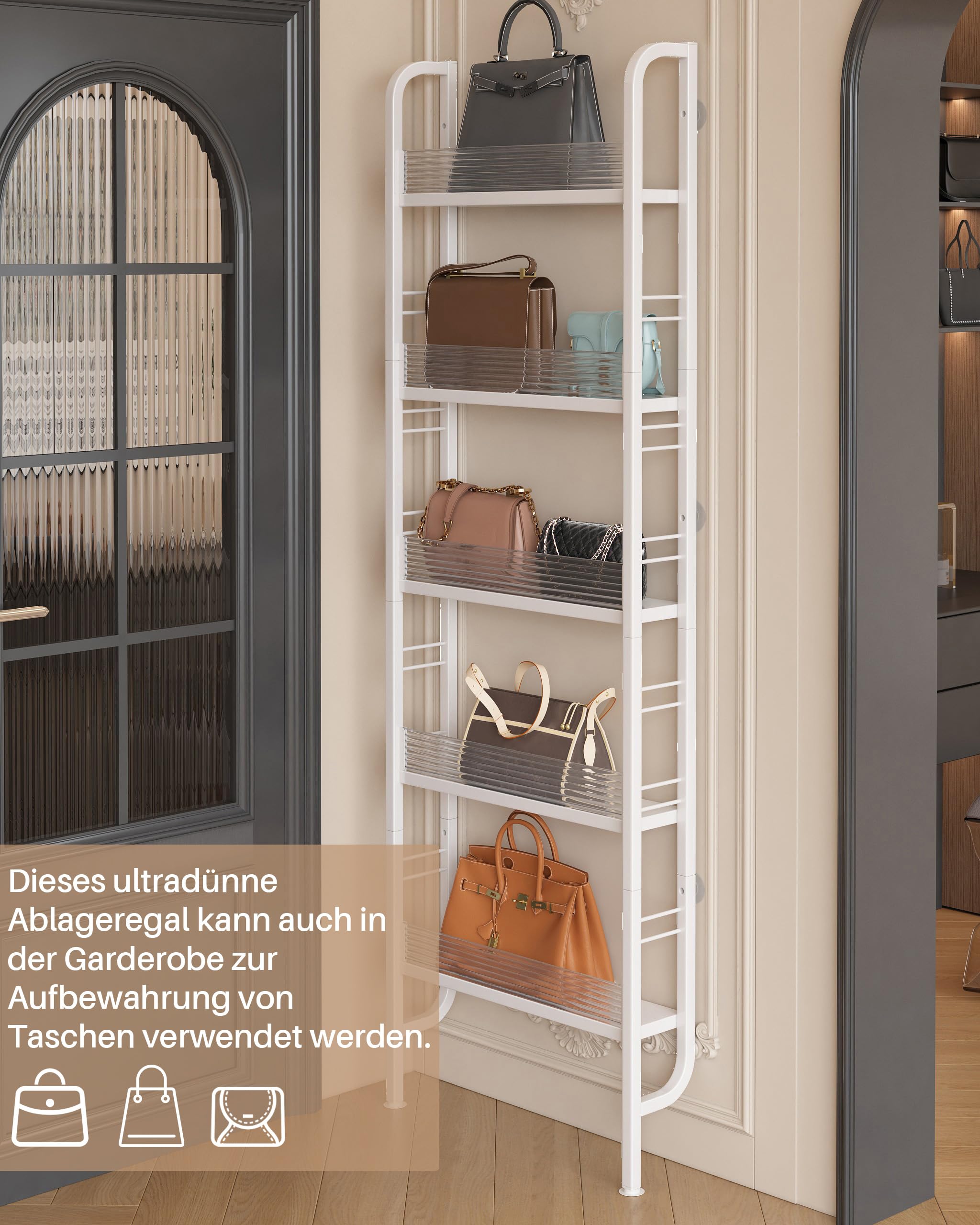 Schmales Regal Hinter Tür, Badezimmerregal mit 5 Etagen, Metall Bücherregal, Aufbewahrung für Küche, Ideal für die Aufbewahrung in Engen Räumen,Weiß