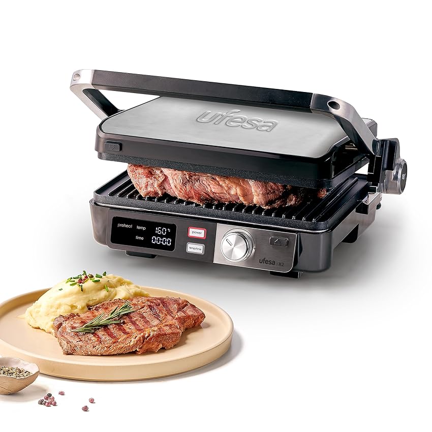 Ufesa Grill Elettrico K2 2000W – Sandwichera, Piastra da Cucina Elettrica e Griglia, Apertura 180º, Display LED, Temperatura Regolabile, Piastra Superiore Regolabile in Altezza, Piastre Antiaderenti