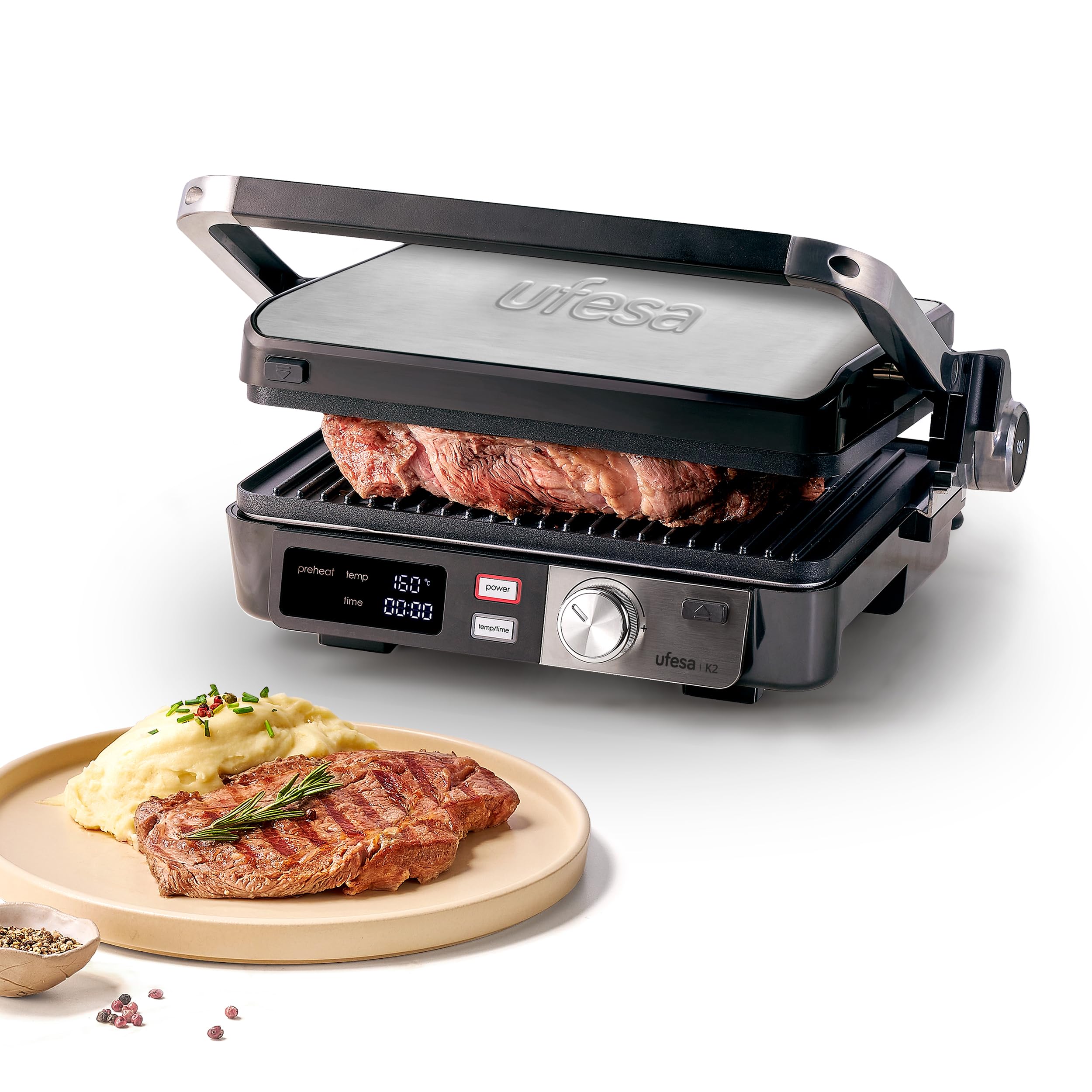 Ufesa PR K2 grill elektryczny, Panini Press Grill, 2000 W, płyty nieprzywierające 29 x 23 cm, wyświetlacz LCD, otwarcie od 105° do 180°, uchwyt zimny dotyk, sterowanie cyfrowe do 230 stopni, podajnik