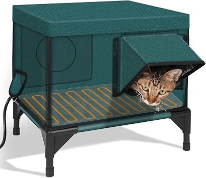 Outdoor Cat Shelter, Weatherproof Elevated Base Heated Cat House, Cat House for Outside Winter with Safe Escape Door & Magnetic Lock Green S