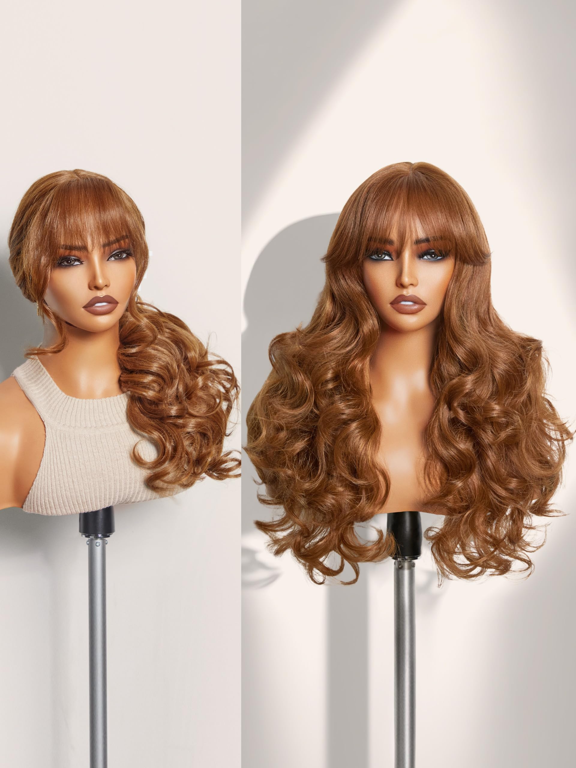 GORGIUS Glueless Wavy Wig with Bangs Honey Brown Synthetic Curtain Bang Wig with Realistic Scalp 22 Inch