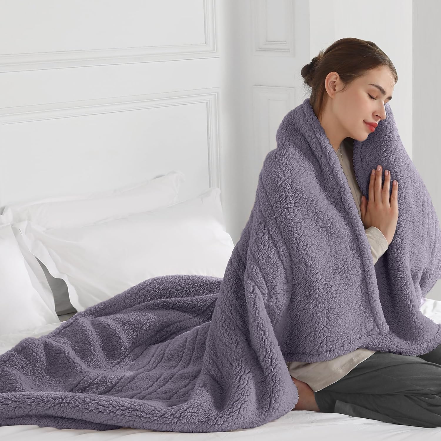 Electric Throw Blanket, Heated Blanket Sherpa with 4 Hours Auto Off & 5 Heating Levels, Washable Heating Throw with Overheat Protection for Home Use, Ideal Gift, 50"x60", Gray Violet A-gray Violet THROW-50x60