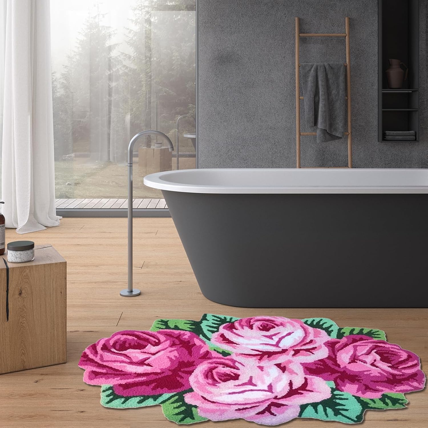 Abeigoi Pink Rose Bathroom Rug,Pink Flower NonSlip Bath Mat Handmade