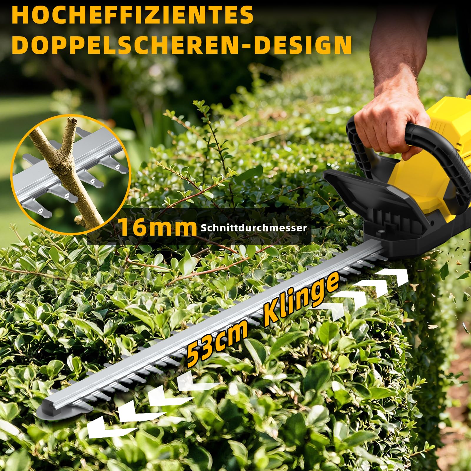 53cm Akku Heckenschere mit 2x4.0Ah Akkus und Ladegerät - 21V Leichte Elektrische Heckenschere mit Akku, 16mm Zahnabstand, 180° Drehbarer Griff, Heckenscheren für Garten und Sträucher