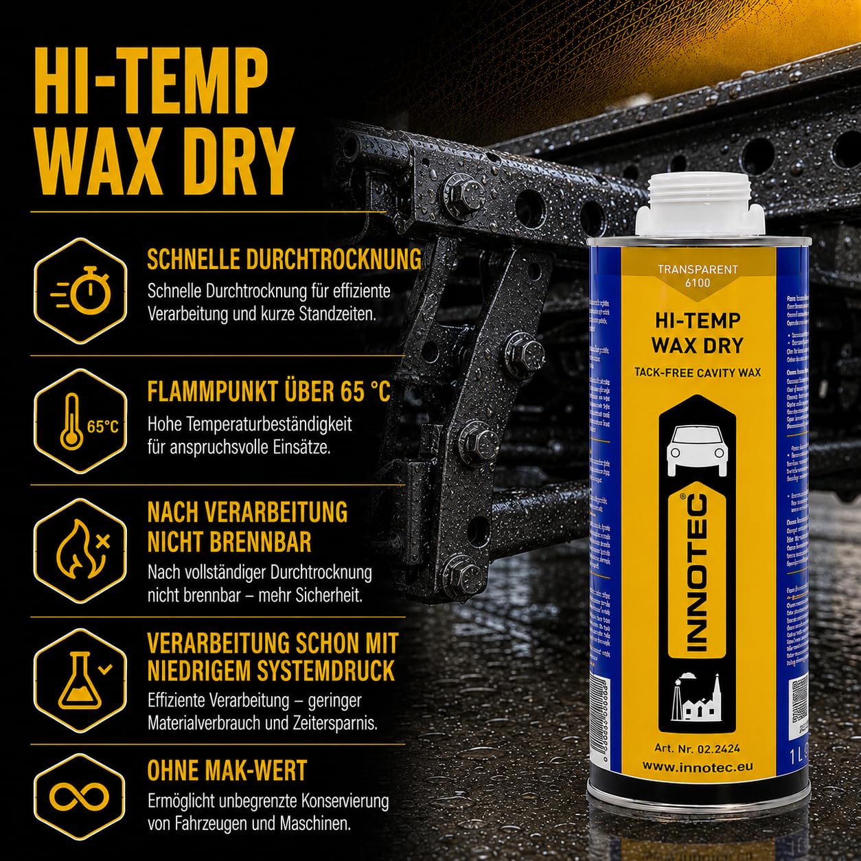 2 Stück Innotec Hi-Temp Wax Dry Transparent - Next Level Konservierung für Automotive & Industrie - Idealer Unterbodenschutz und Hohlraumkonservierung - Rostschutzmittel für Fahrzeuge - 1 Liter Dose
