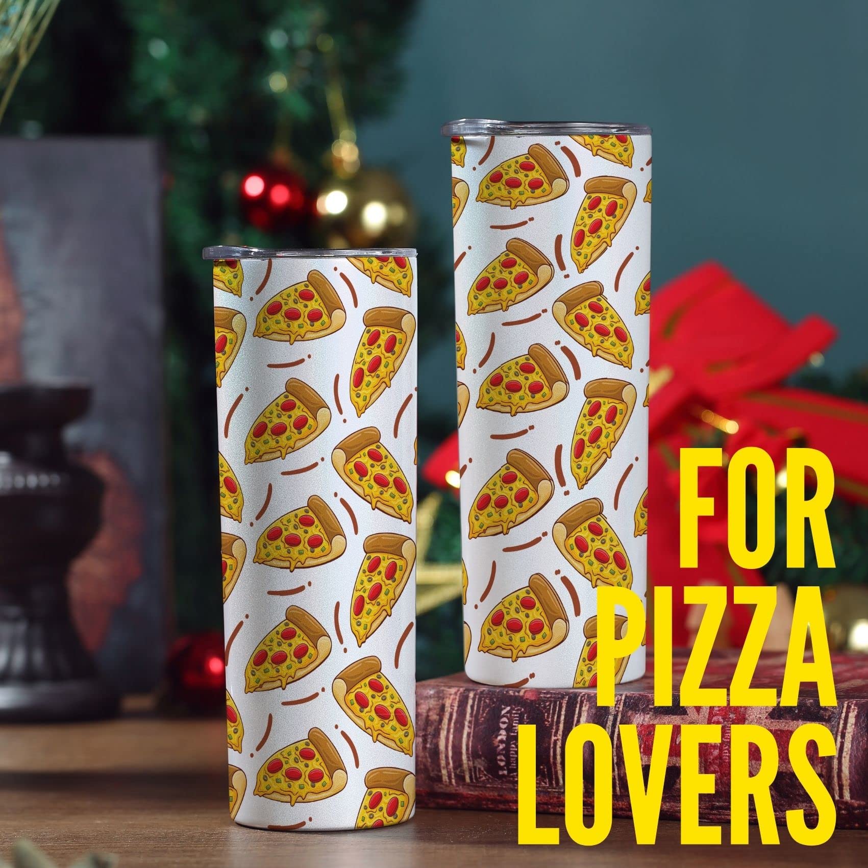 Onebttl Pizza Gifts for Pizza Lover Women, Seamless Pizza Pattern, Gift for Coworkers, Sisters, 20oz Skinny Tumbler with Lid and Straw, White
