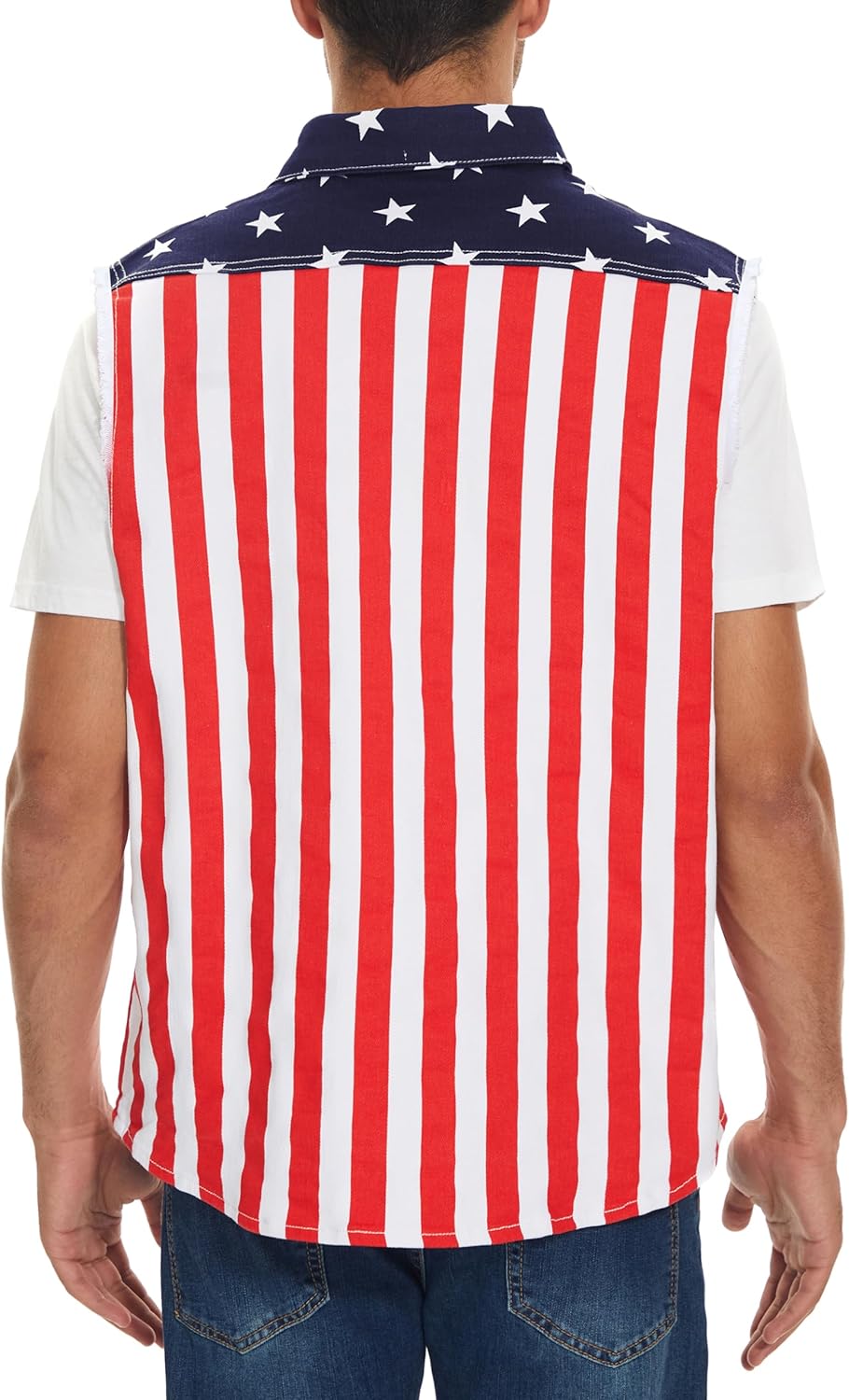 OeyFnbmO Men's Denim American Flag Retro Vest Stretch Sleeveless Jean Shirt Collar Slim Fit Lightweight