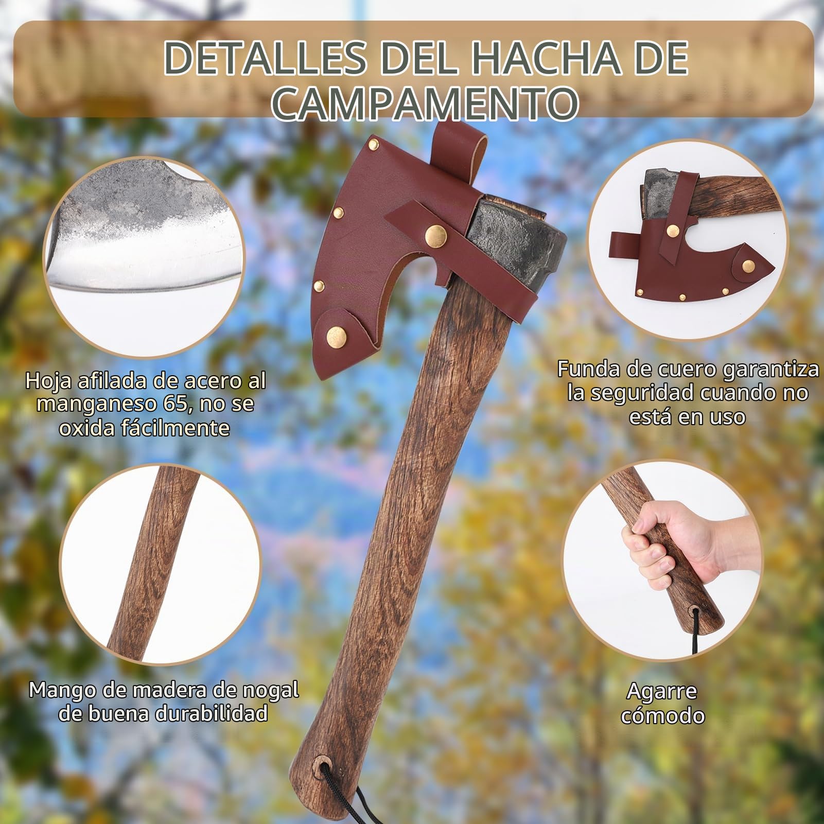 Hacha vikinga, hecha a mano, caza, hacha de camping, hacha outdoor, hacha nórdica de supervivencia para camping, hacha bushcraft para aventuras outdoor Acero al carbono 1095, mango de palisandro, idea