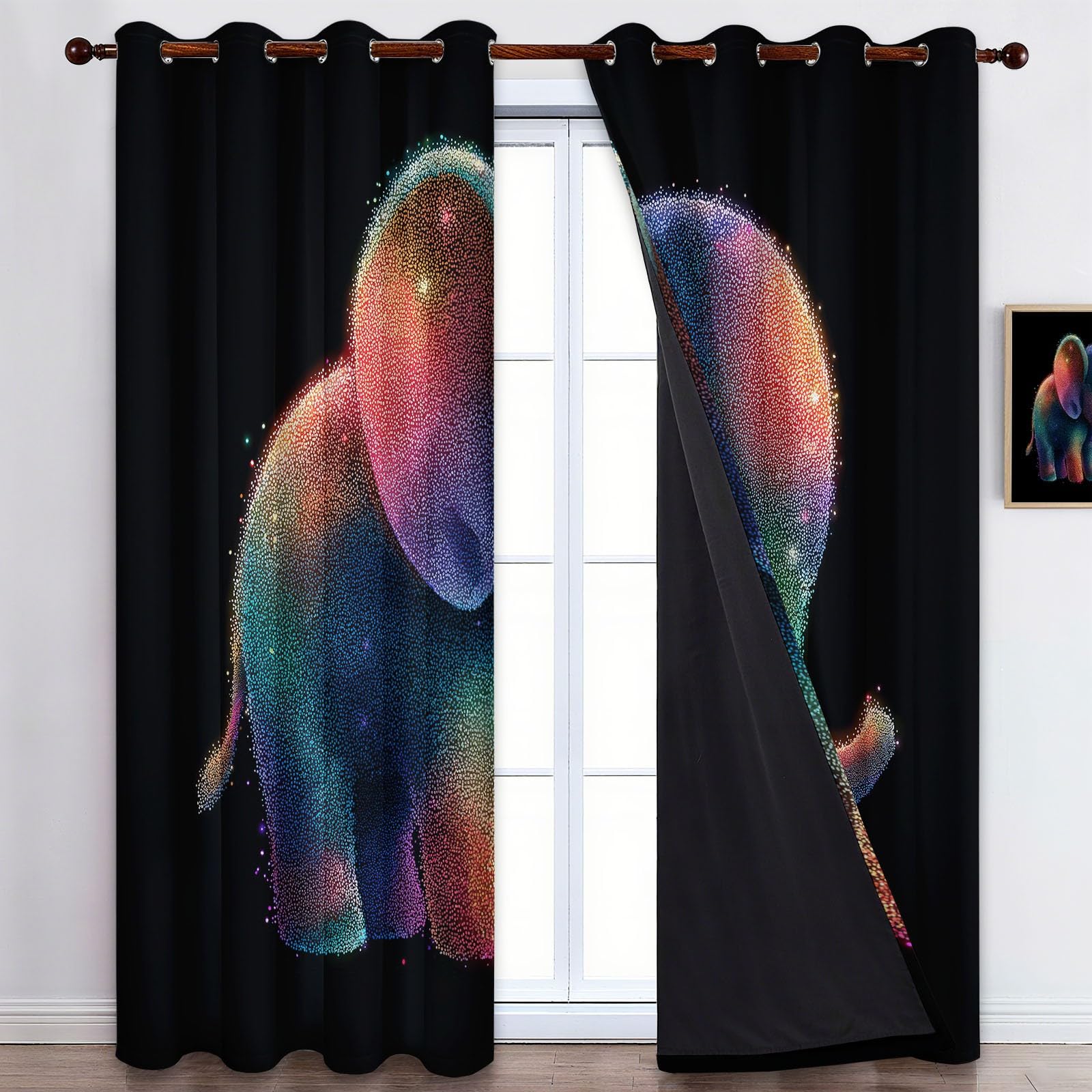 Genérico Cortinas de Ventana con Estampado de Lindo Dibujo Animado Arcoíris Elefante Bebé, 2 Piezas Negro Cortina Opacas con Ojales para Sala de Estar y Dormitorio - 140 x 260 cm (An x Al)