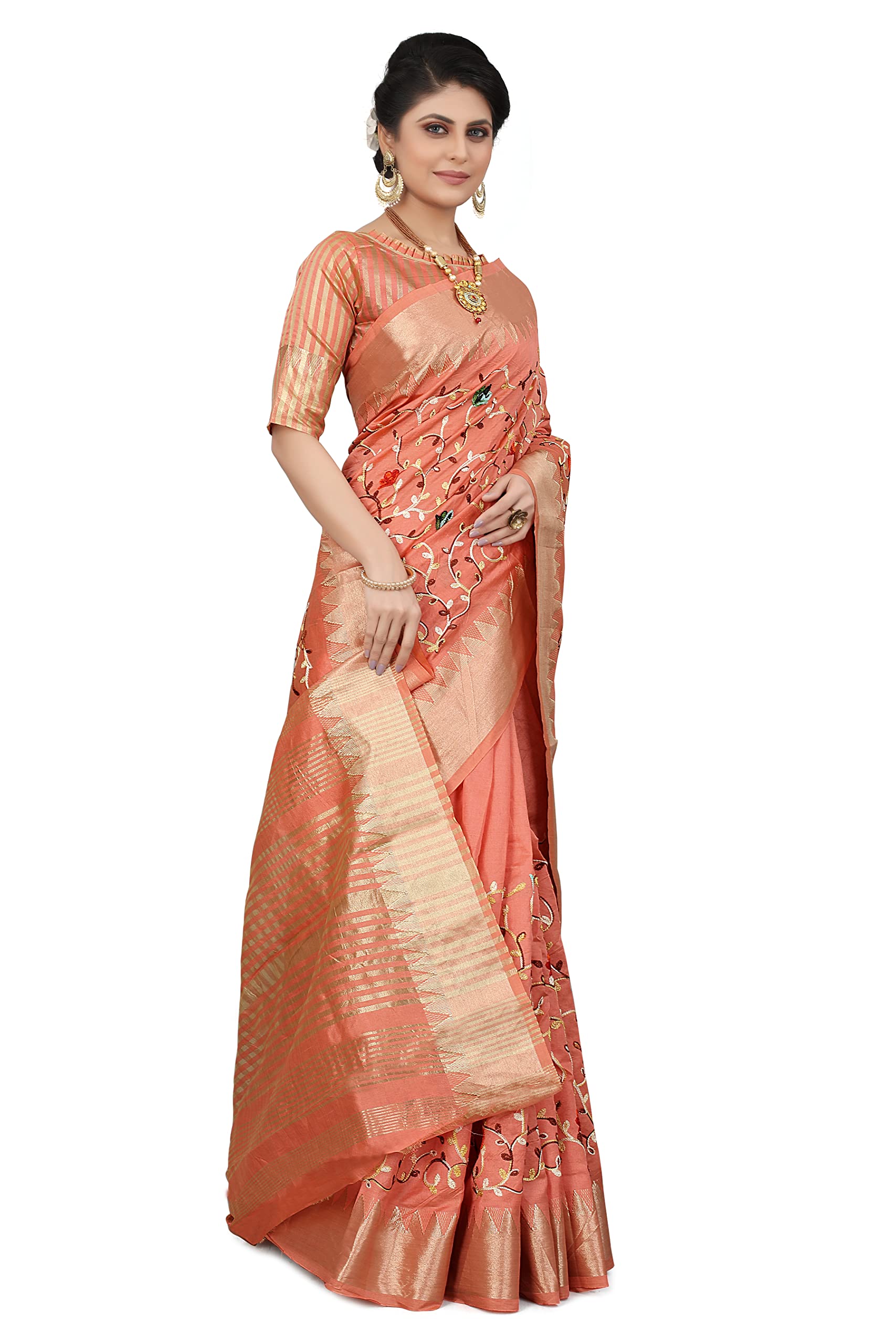 SERONA FABRICS Damen Assam Baumwolle Seide mit goldenem Rand Garn bestickt Banarasi Saree mit Bluse Stück
