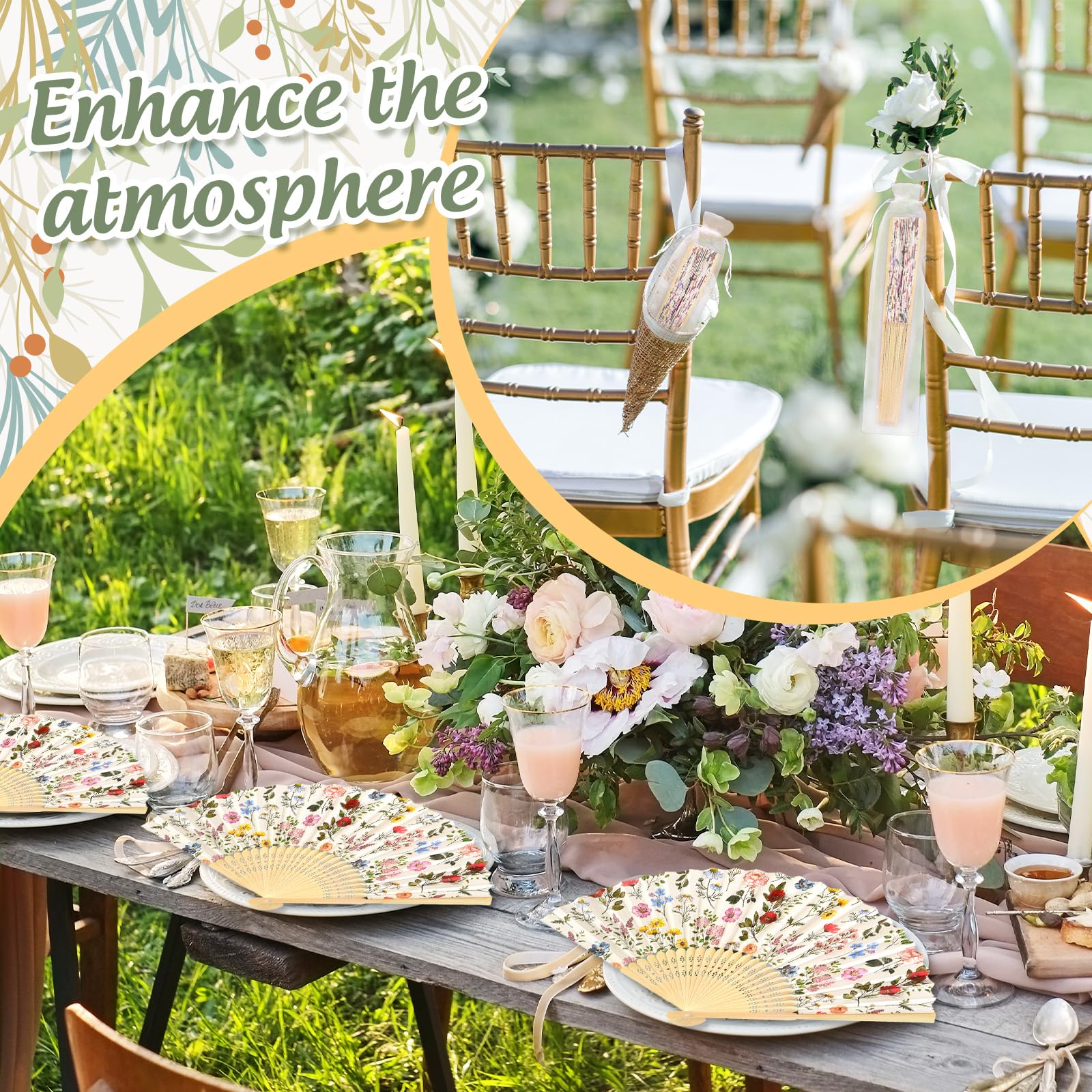 JarThenaAMCS Faltbarer Handfächer mit Organza-Beuteln, dekorative Handfächer, Vintage-Wildblumen-Papierfächer für Frühling, Junggesellinnenabschied, Hochzeit, Brautparty, Party, Gastgeschenke, 24
