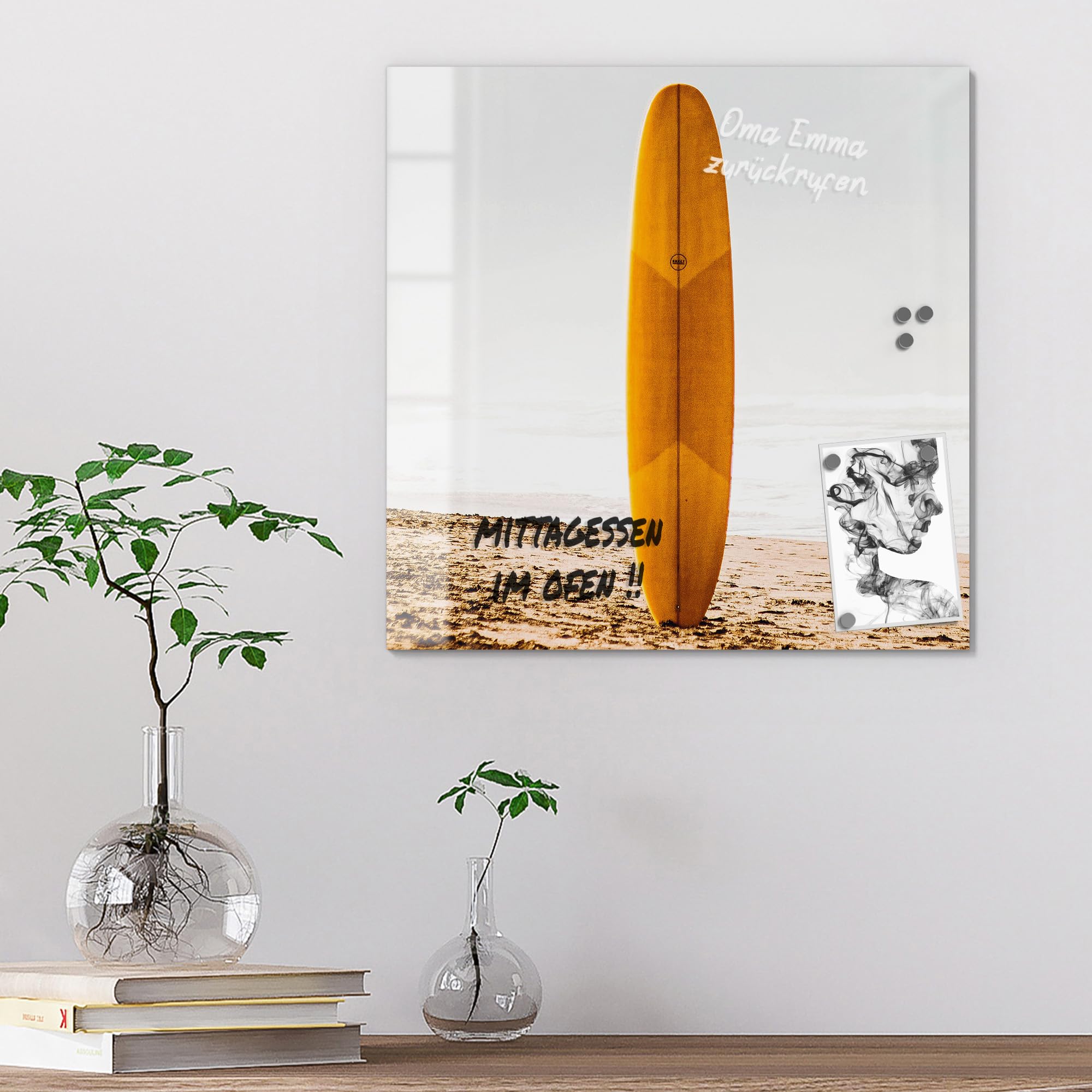 Szklana tablica magnetyczna | wymiary 50 x 50 cm | motyw "Złoty sen surfowania" | tablica memo ze szkła | tablica magnetyczna z magnesami, długopisem i chusteczką do kuchni i biura | tablica
