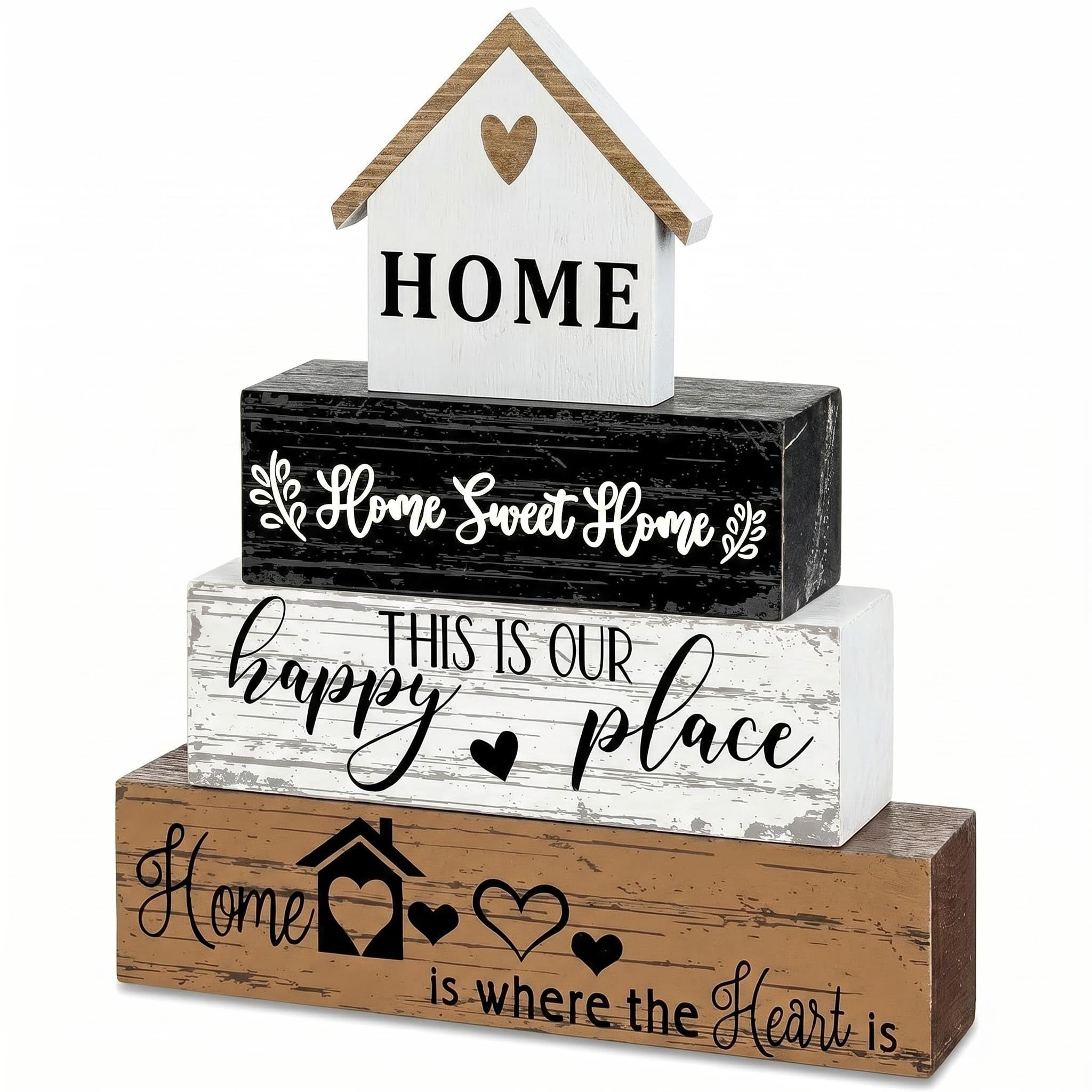 4 PCS Wooden Ornaments for Shelves, Stackable House & Tiered Signs, Decorative Home Accessories with Rustic Finish, Living Room Decor for Mantel, Tabletop, Ornaments for Living Room & Bedroom