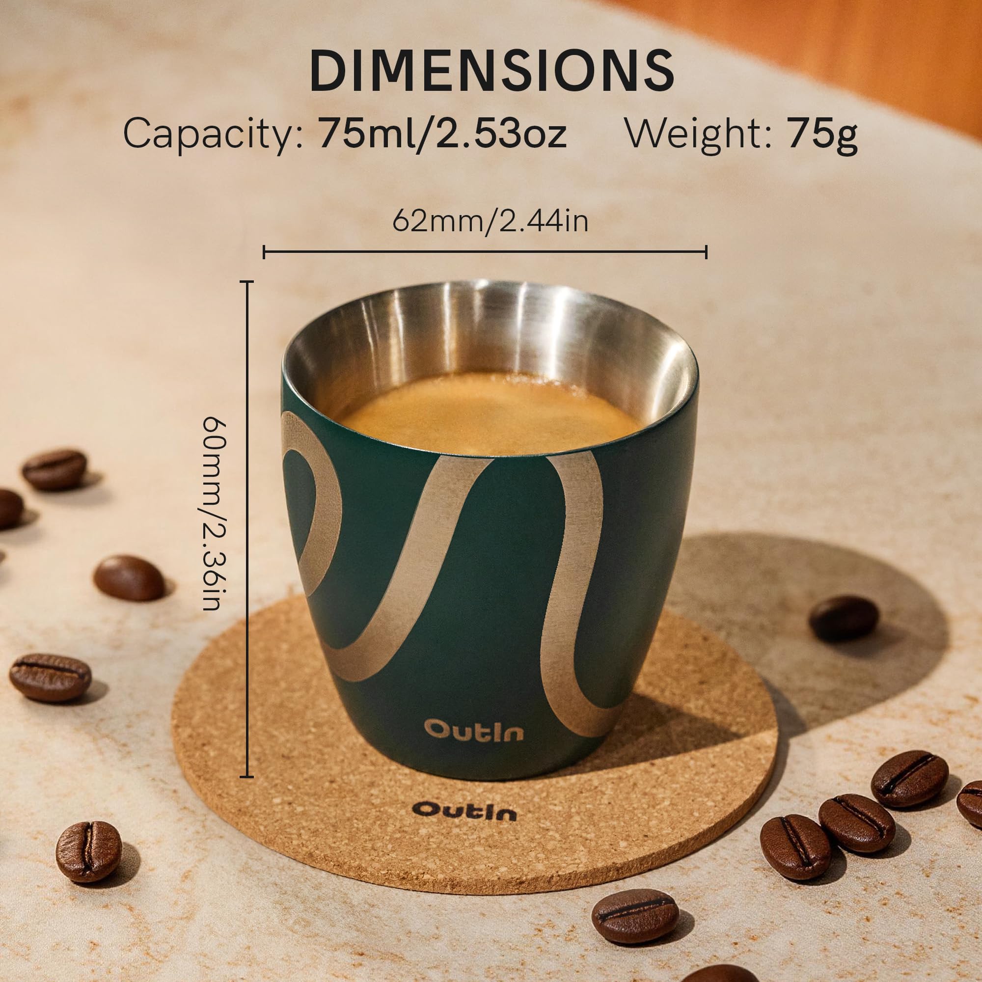 OutIn Juego de 2 Tazas para Espresso, Doble Pared Aislada 75ml de Acero Inoxidable, Vasitos para Shot Portátiles para Acampada, Compatibles con Máquinas de Café