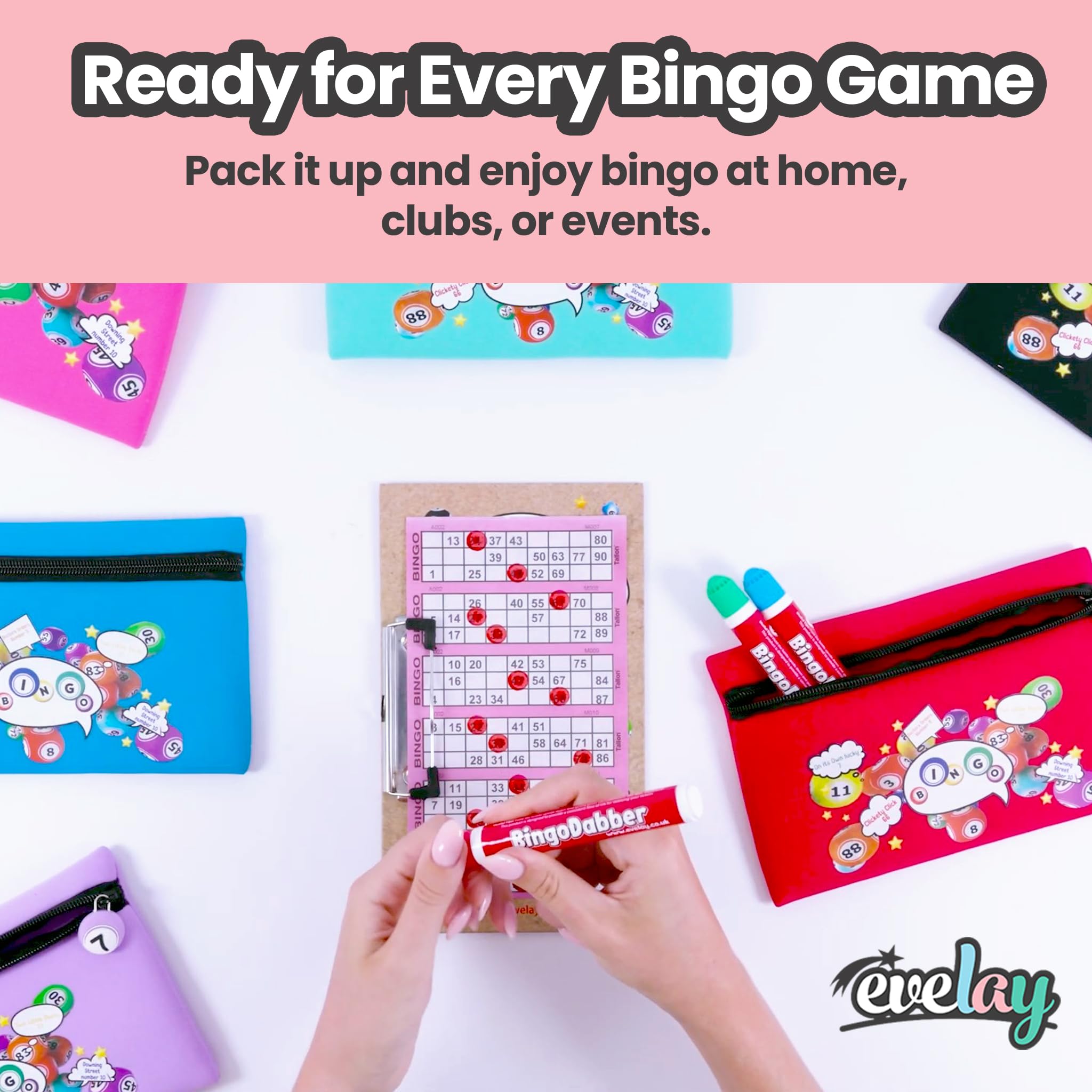 evelay Coffret cadeau pour bingo Dabber | 3 dabbers de bingo | 1 planche de bingo avec clip | Sac de rangement avec numéro porte-bonheur à fermeture éclair | Encre anti-goutte | 6 options de couleur