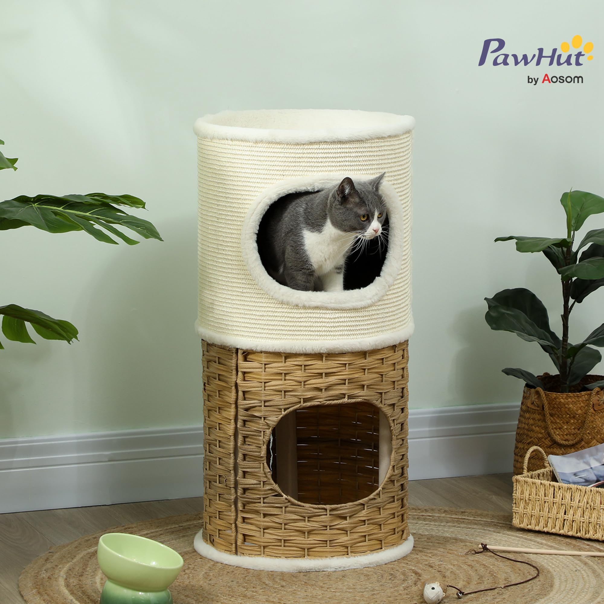 PawHut Tiragraffi 80 cm di altezza, Ø 40 cm, a tre piani con bordo in peluche, grotta per gatti, albero tiragraffi per gatti di medie dimensioni, bianco crema e marrone
