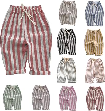 Boys Striped Pants Toddler Baby Linen Harem Pants Soft Comfortable Stretchy Drawstring Elastic Waisted Trousers