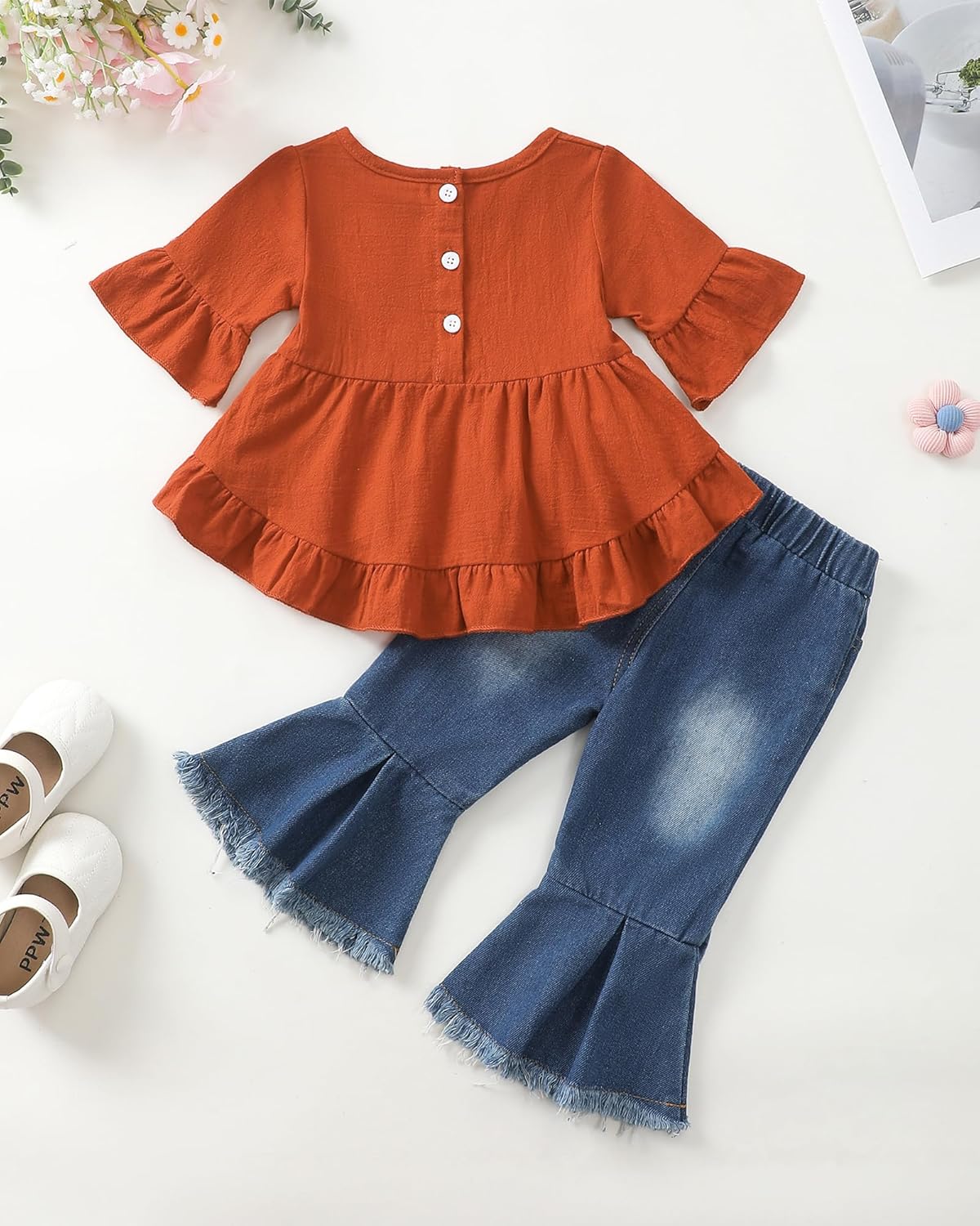 Kucnuzki Toddler Baby Girls Clothes Long Sleeve Shirt Top Flare Denim Jeans Cute Outfit Baby Girl Fall Winter Clothes - Image 3