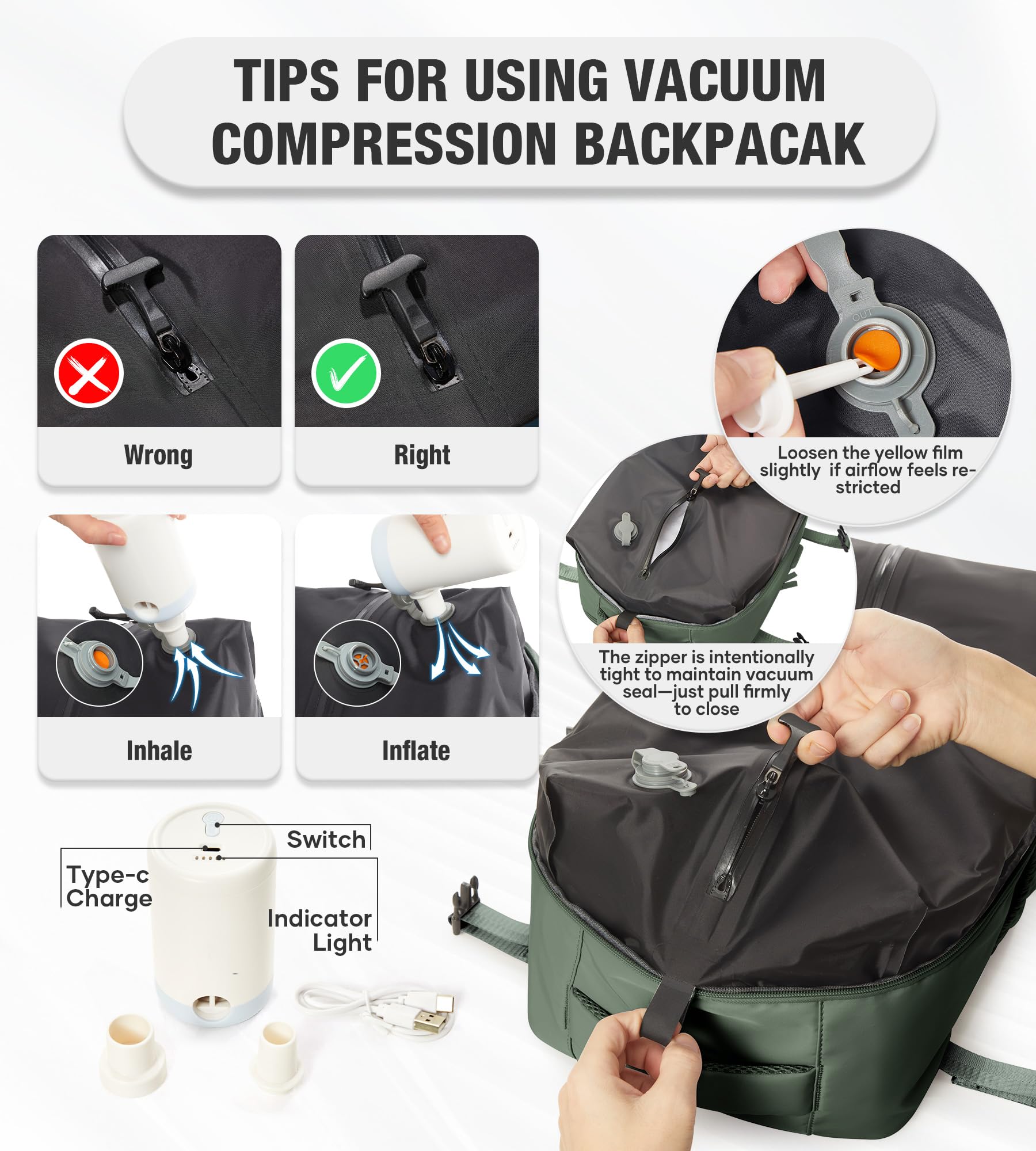 Zaino da Viaggio Grande Zaino Sottovuoto Con Pompa Donna da Escursionismo Sportivo da Esterno impermeabile Zaino Casual Laptop da 15.6 Pollici Borsa da Viaggio Uomo Verde