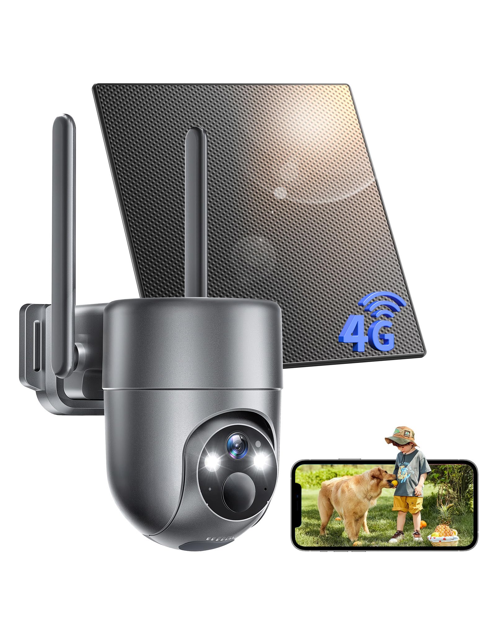 4G LTE Telecamera Esterno Solare con SIM Senza Fili, 2K Telecamera con Pannello Solare e Batteria, 360° PTZ, Visione Notturna a Colori, Rilevamento PIR, Audio Bidirezionale, IP66, Senza WiFi