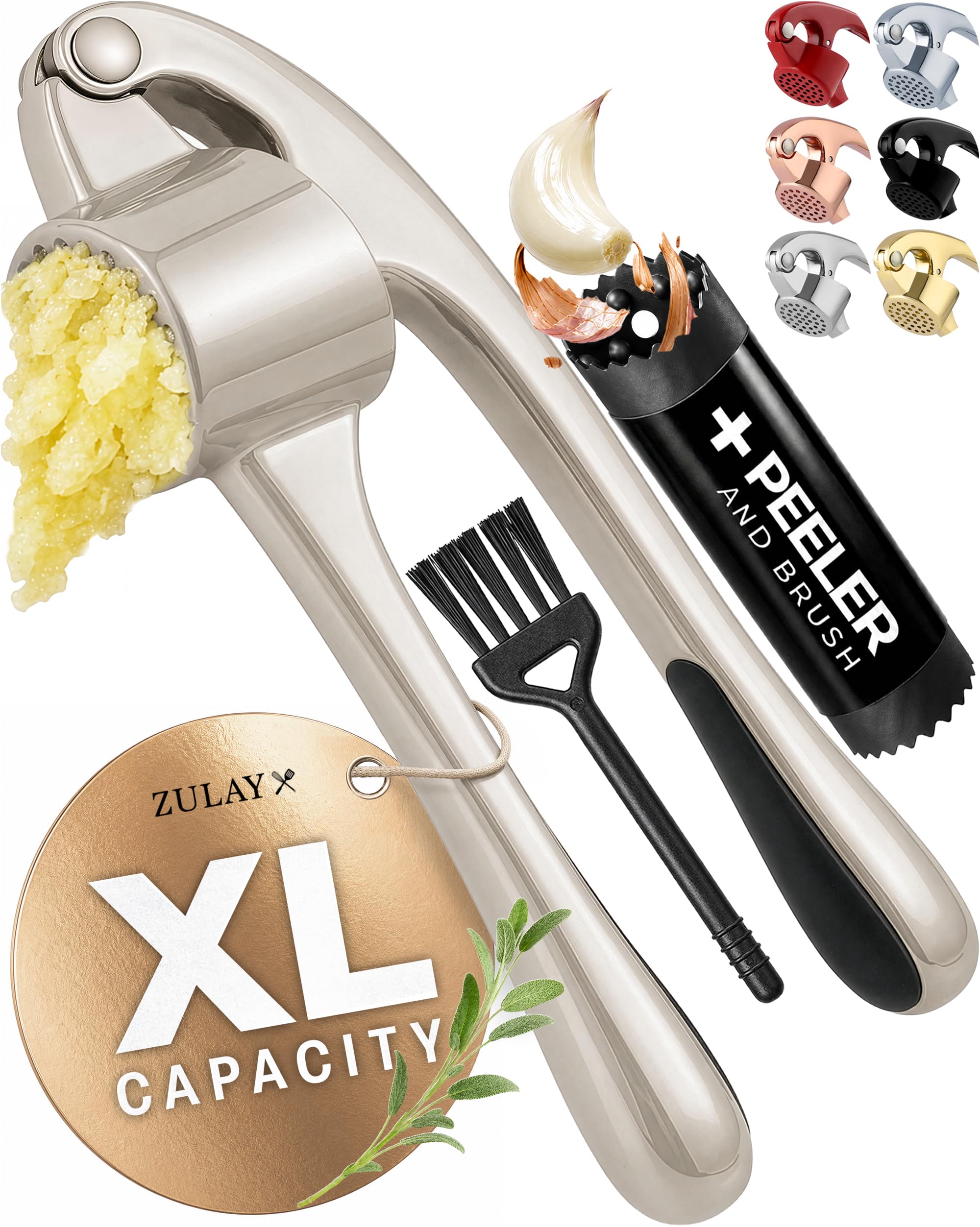 Zulay Kitchen Metal Large Garlic Press, Garlic Mincer, Peeler-Brush, Silver