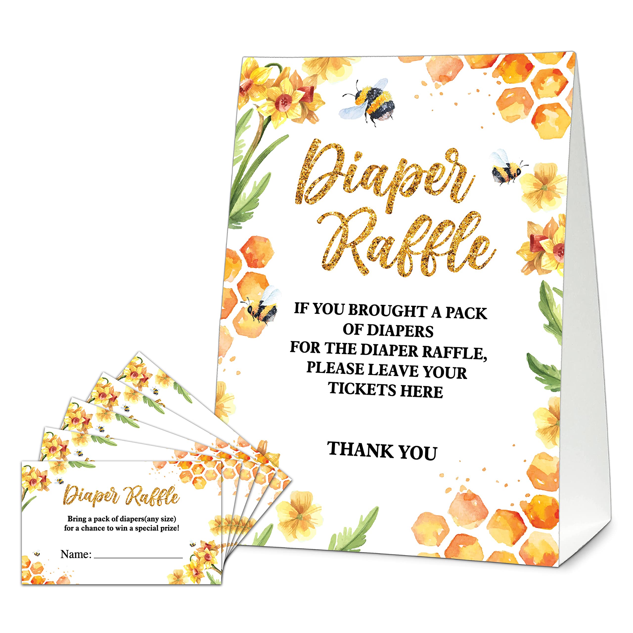 Photo 1 of Honey Bee Diaper Raffle Tickets For Baby Shower, Diaper Raffle Baby Shower Games, Bee Theme Baby Shower Decorations, Diaper Raffle Cards - 1 Sign With 50 Tickets Cards - B10 Honey Bee 001