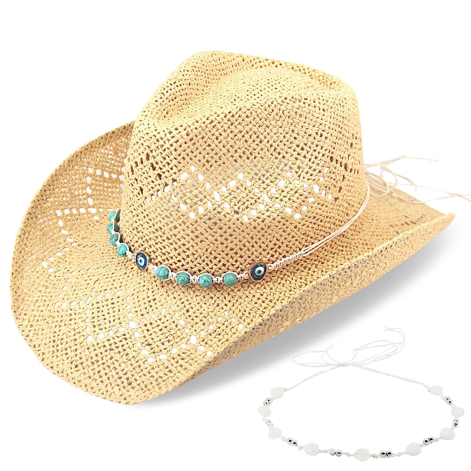 Women's Western Cowgirl Hat Men's Cowboy Hat Straw Cowboy Hat Woven Sun Hat Western HatUnique Two Decorative Bands (US, Alpha, One Size, X-Large, Beige-Eyestone)