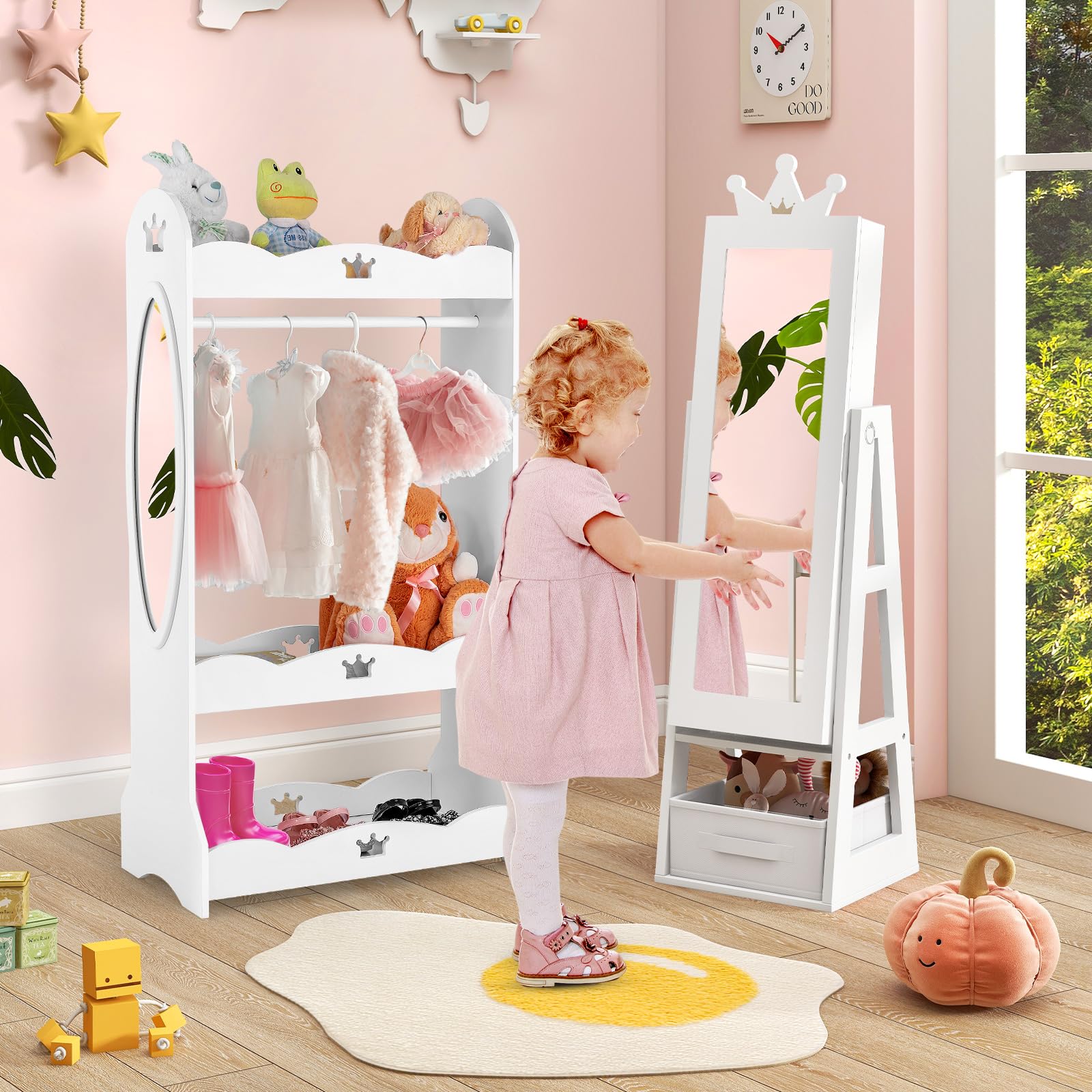 COSTWAY Armario de Joyería para Niñas con Espejo, Espejo Joyero de Cuerpo Completo con Gran Capacidad de Almacenamiento, Armario para Joyas Infantil con Ganchos, Estantes y Cajón (Blanco)