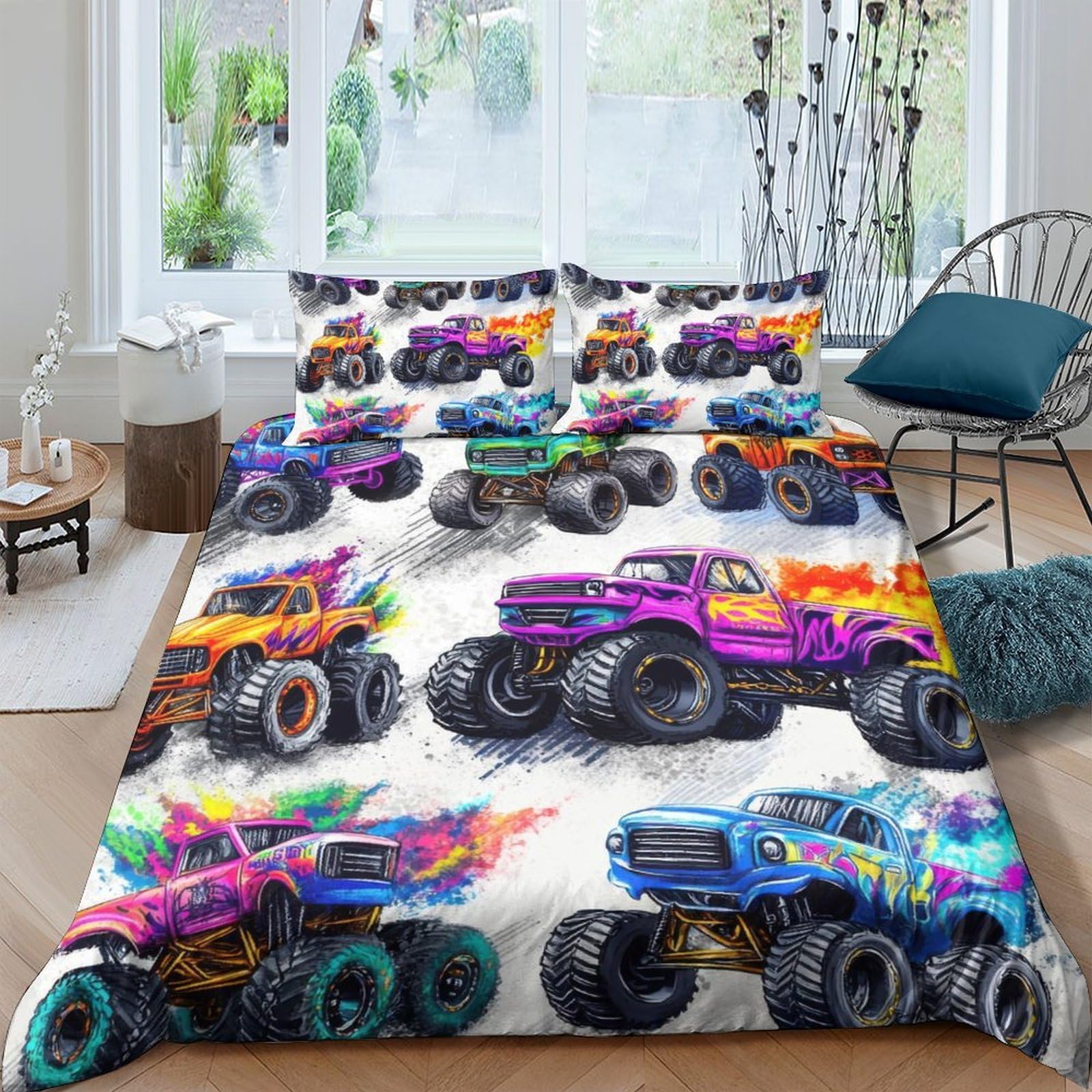 Ctjqhvkz Style-5 3D Printed Colorful Monster Truck Fitted Sheet Microfiber Soft Breathable Cartoon Bed Cover For Bedroom Dorm Mattress Protection Decor Single（135X200cm）