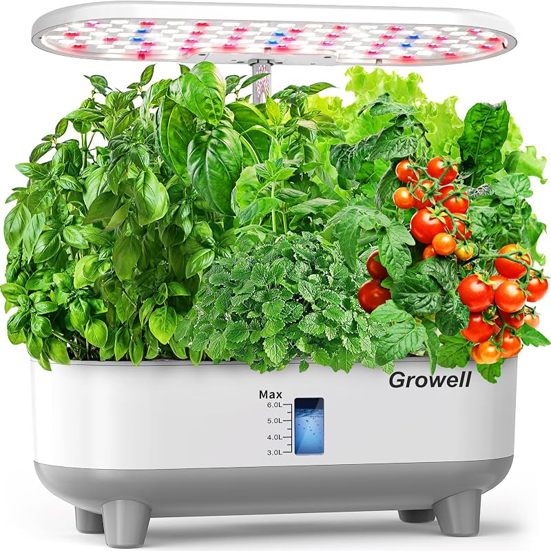 Growell Kit de sistema de cultivo hidropónico, 16 cápsulas para jardín interior con luz LED de espectro completo de 28 W, temporizador automático, 3 modos de luz inteligentes, jardín de hierbas grande de 8 L, regalo de jardinería ideal para mujeres, hombres (blanco)