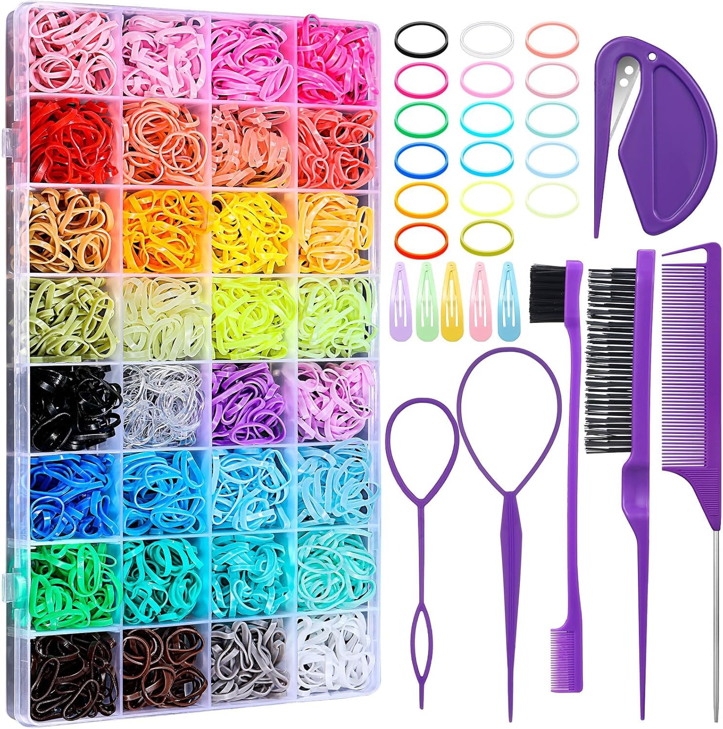 32 Colors Small Hair Rubber Bands with 11 Hair Styling Tools, Elastic Girl Baby Hair Ties Mini Hair Bands with Hair Elastic Cutter Hair Accessories Braids Ponytails Pet Gifts for Toddlers Kids-image-43